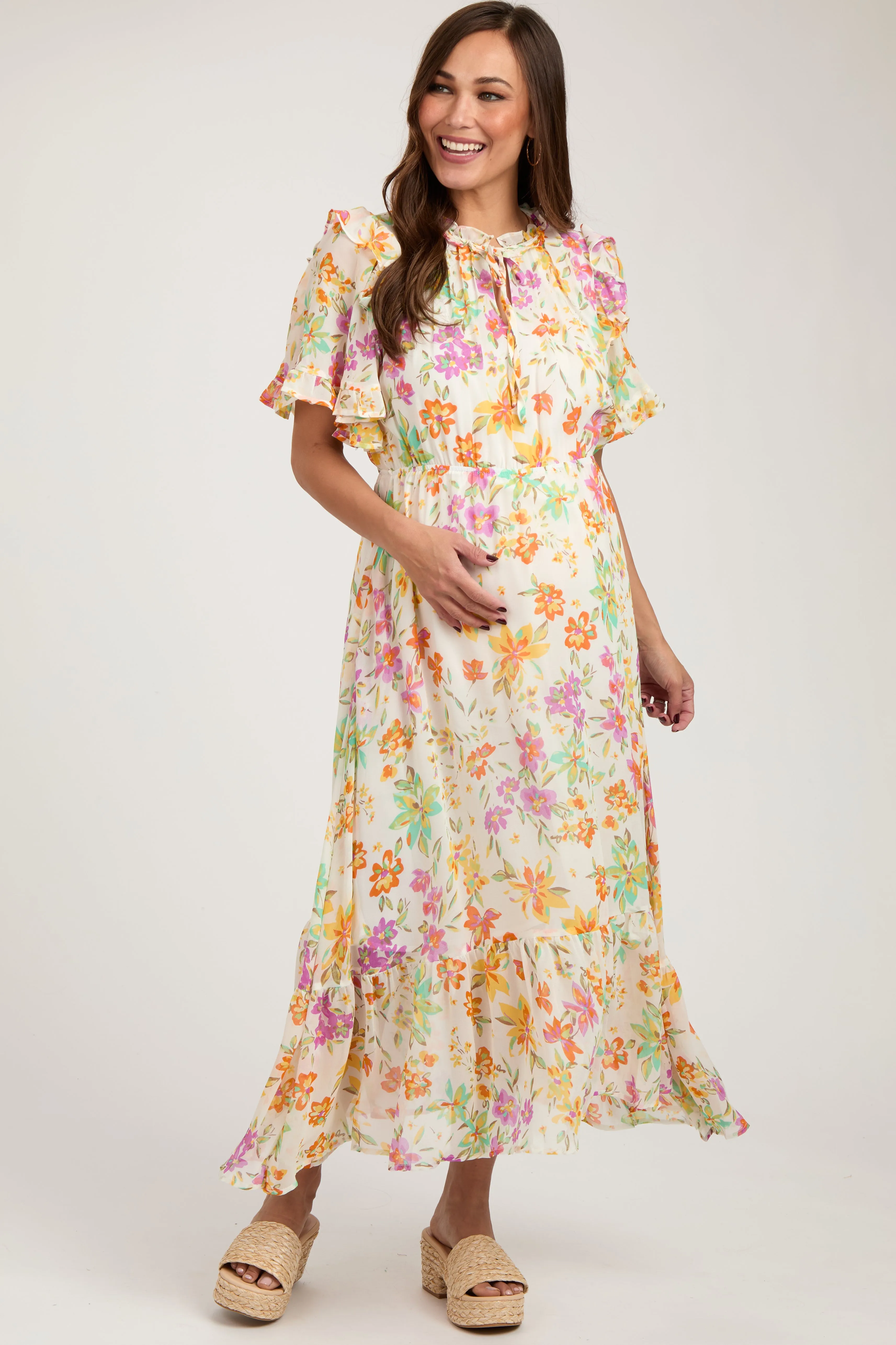 Ivory Floral Ruffle Accent Maternity Midi Dress sold by Pinkblush product image thumbnail 2