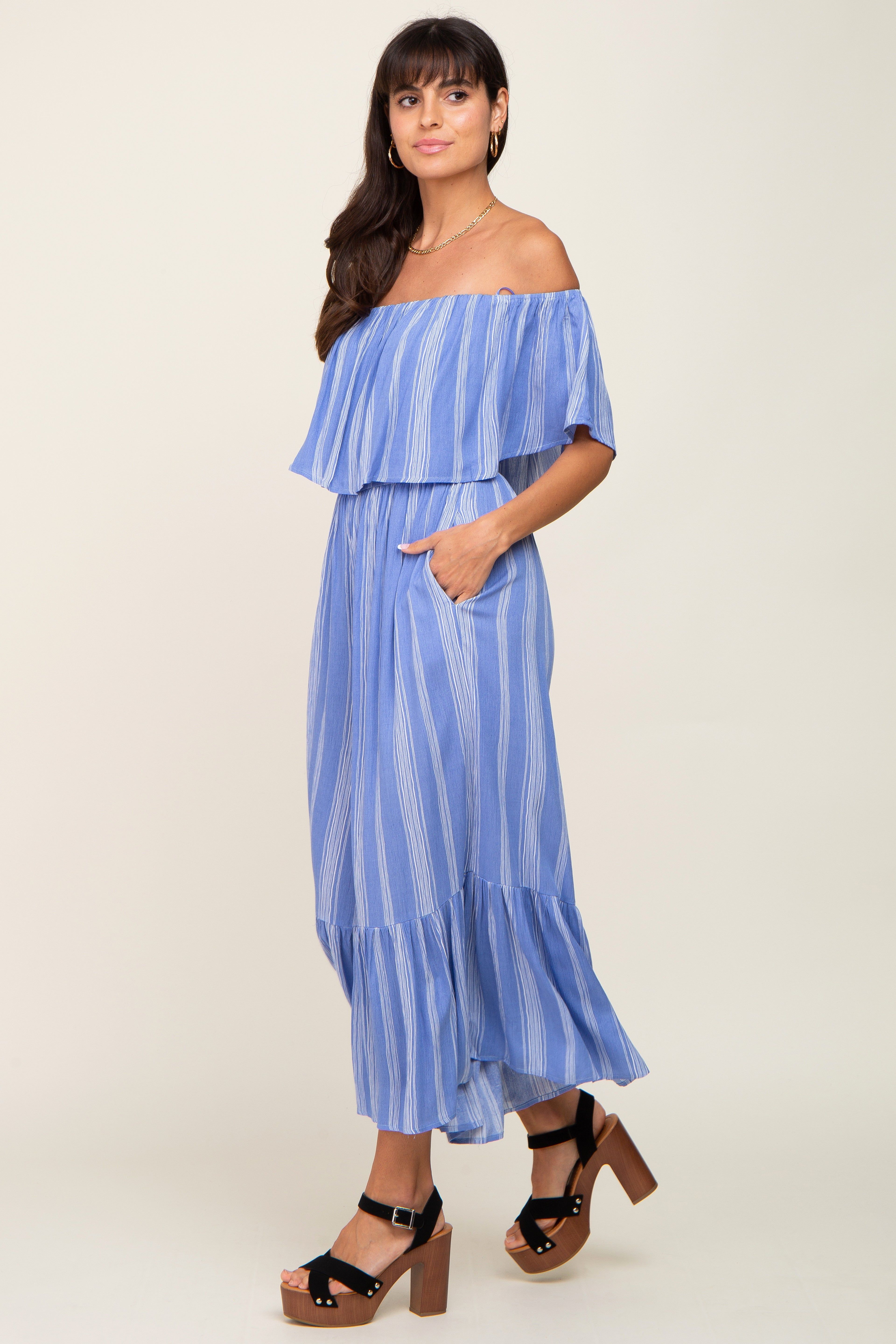 Blue Striped Off Shoulder Maternity Jumpsuit sold by Pinkblush product image thumbnail 5