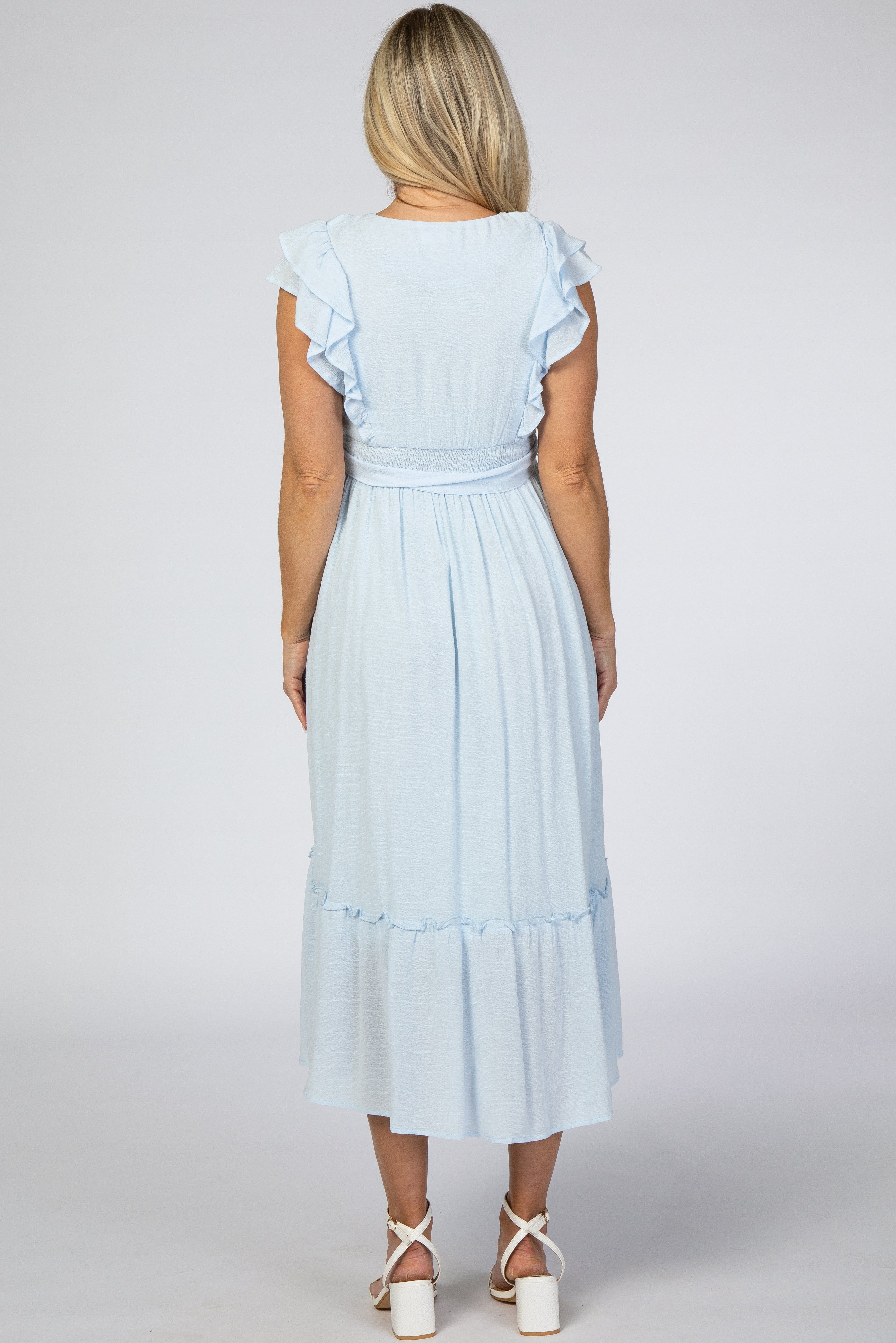 Light Blue Embroidered Waist Tie Ruffle Maternity Midi Dress sold by Pinkblush product image thumbnail 3