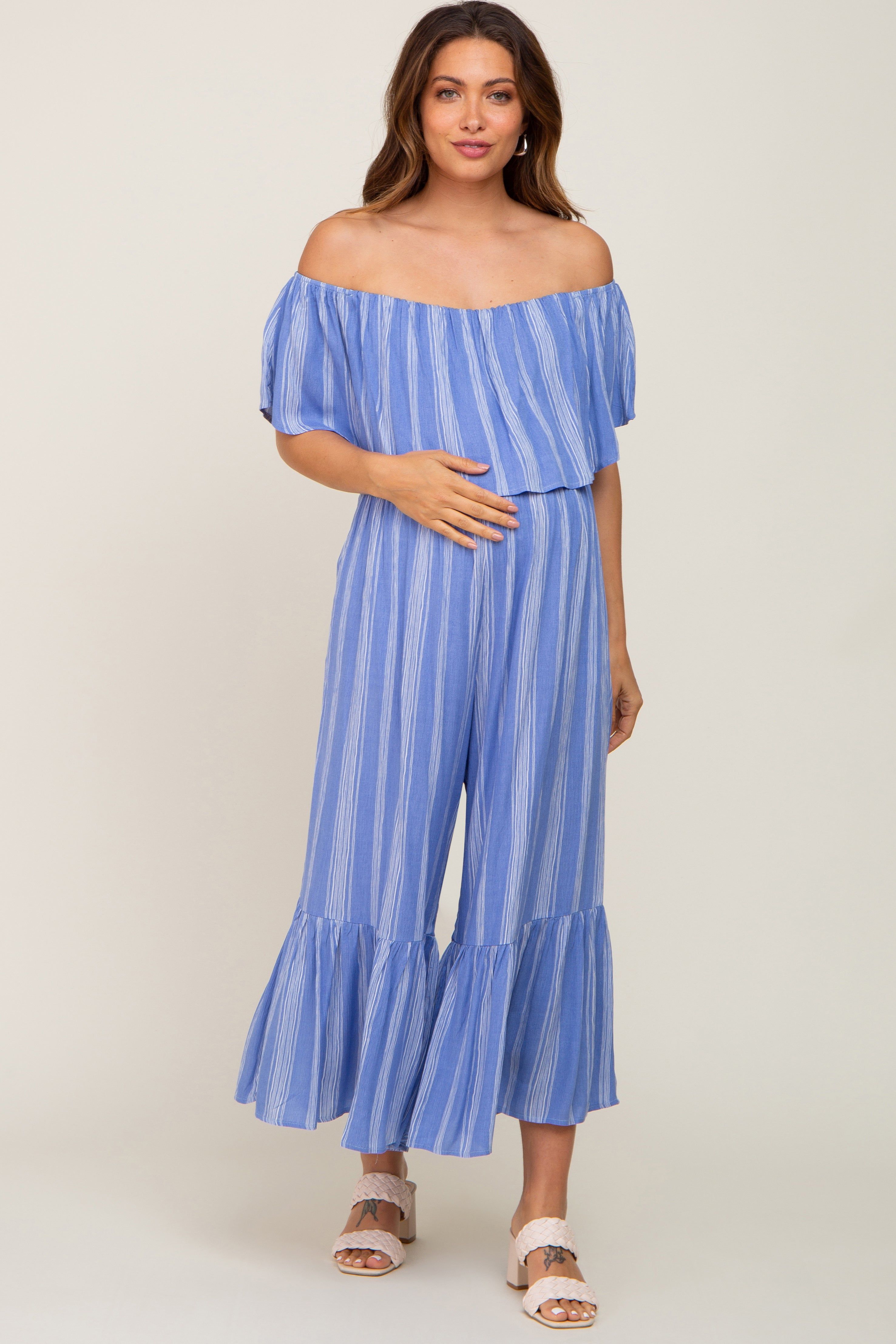 Blue Striped Off Shoulder Maternity Jumpsuit sold by Pinkblush product image thumbnail 2