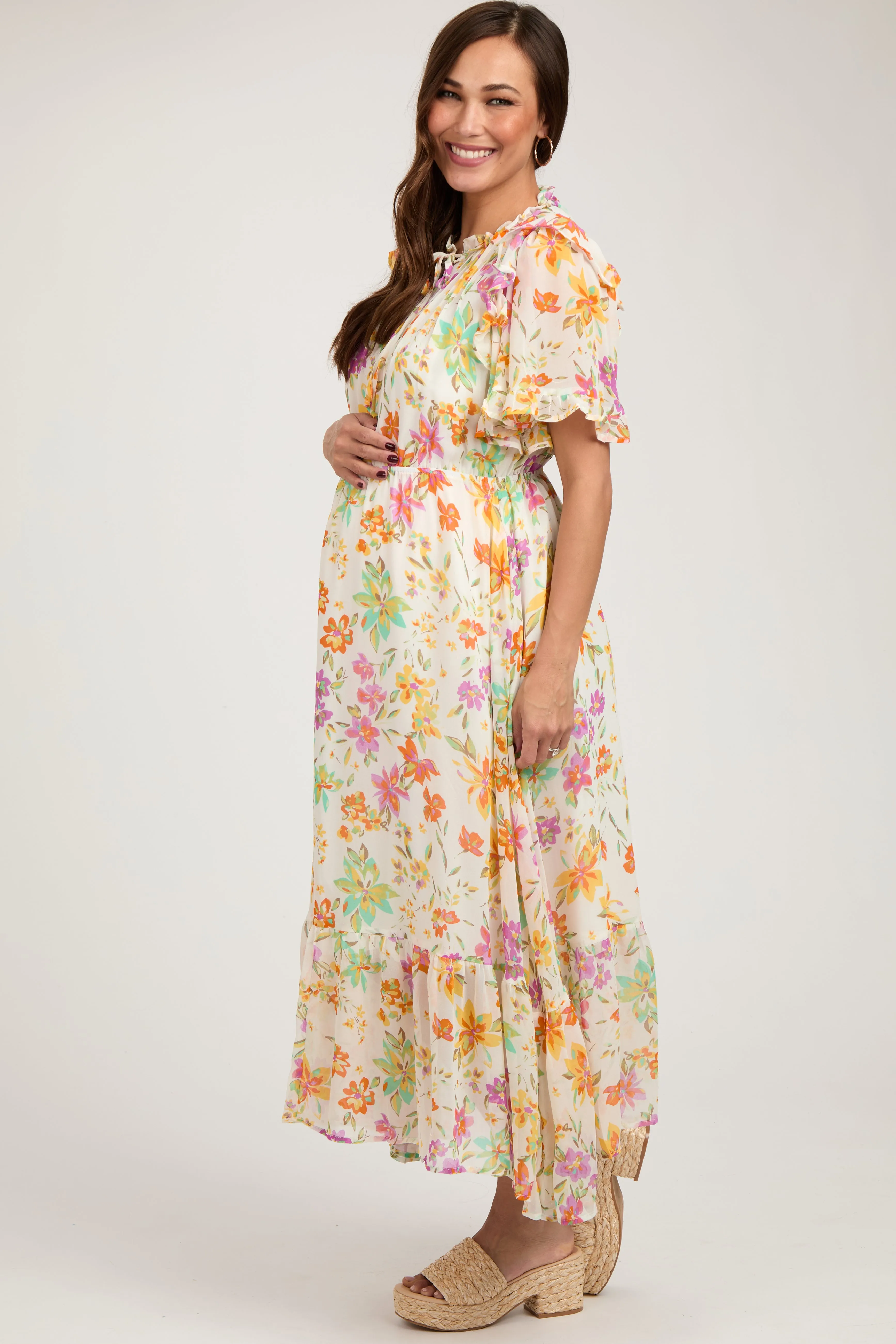Ivory Floral Ruffle Accent Maternity Midi Dress sold by Pinkblush product image thumbnail 3