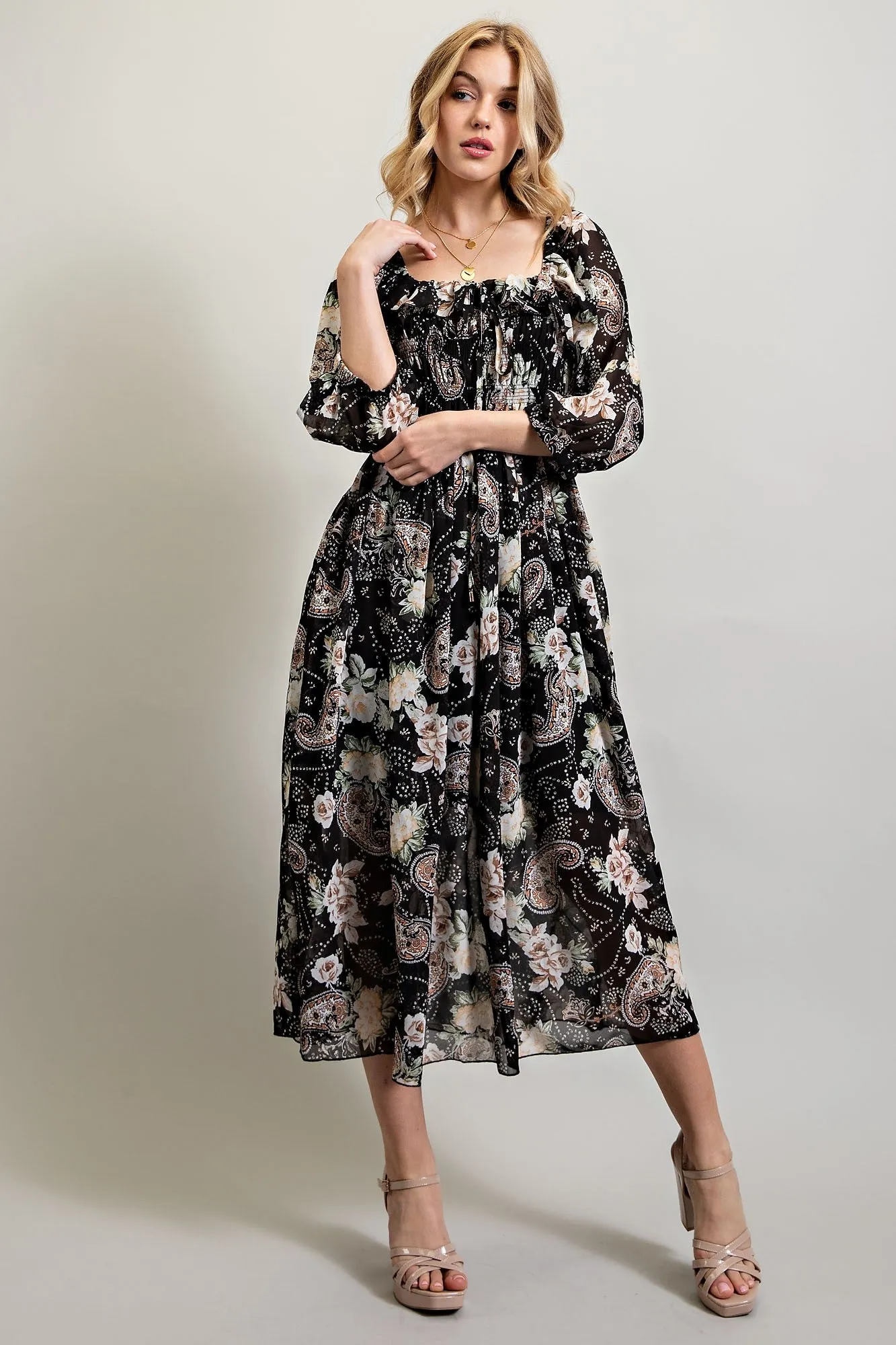 Black Multi Floral Chiffone Print Midi Dress sold by Pinkblush