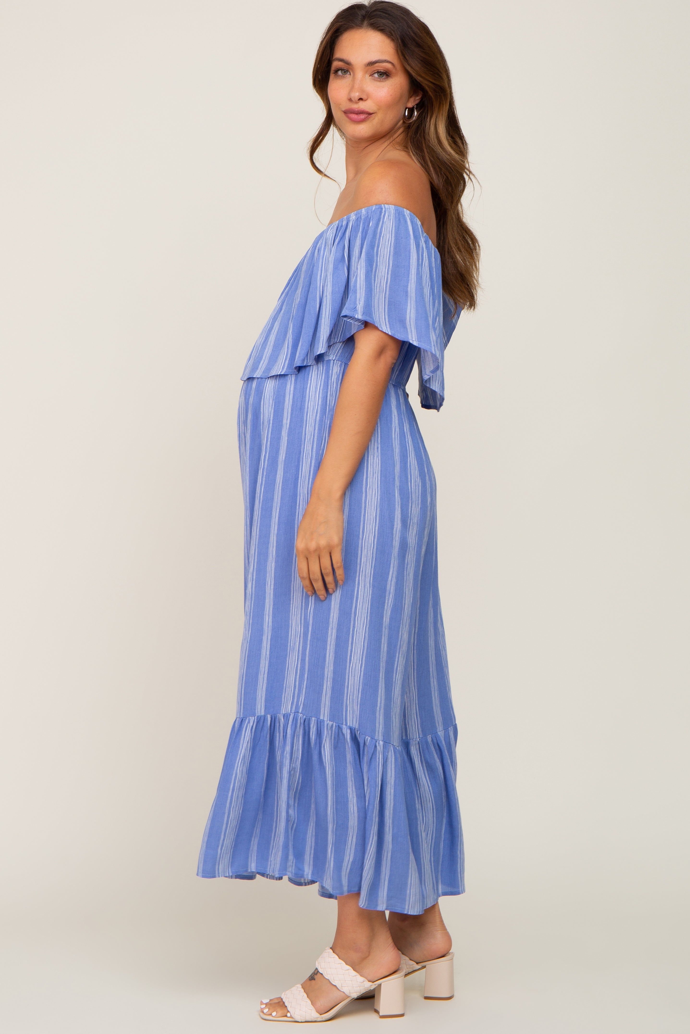 Blue Striped Off Shoulder Maternity Jumpsuit sold by Pinkblush product image thumbnail 3