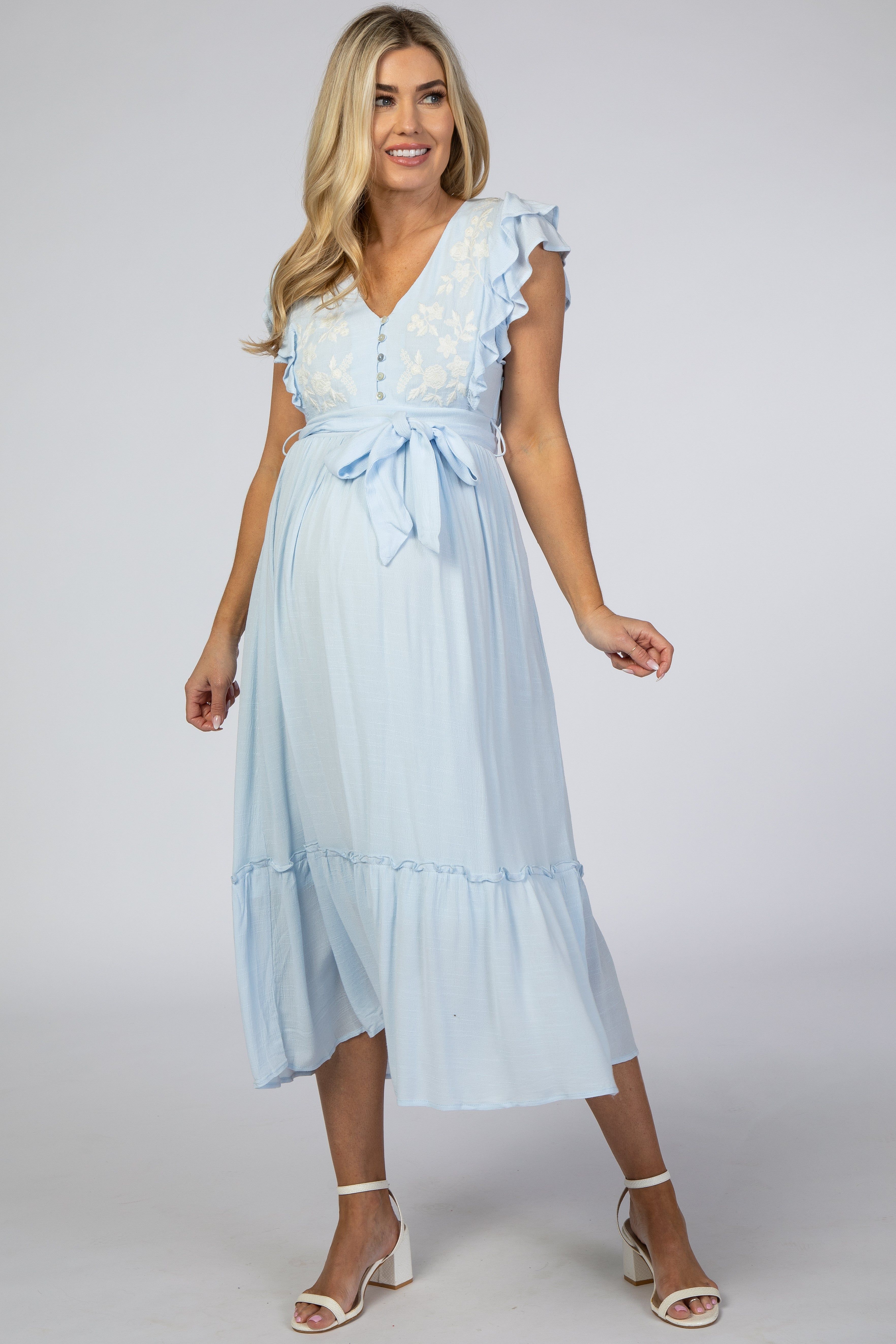 Light Blue Embroidered Waist Tie Ruffle Maternity Midi Dress sold by Pinkblush
