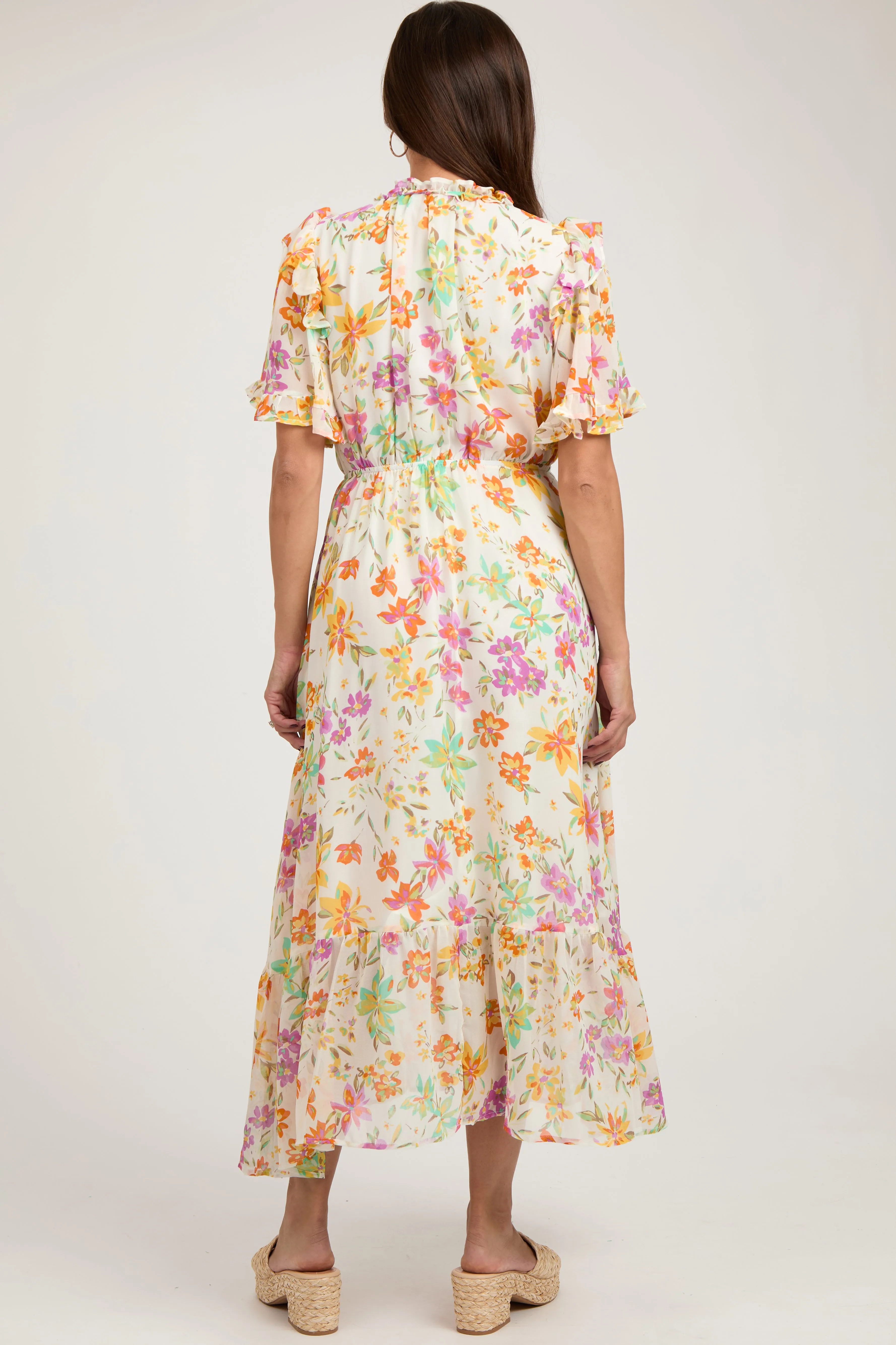 Ivory Floral Ruffle Accent Maternity Midi Dress sold by Pinkblush product image thumbnail 4