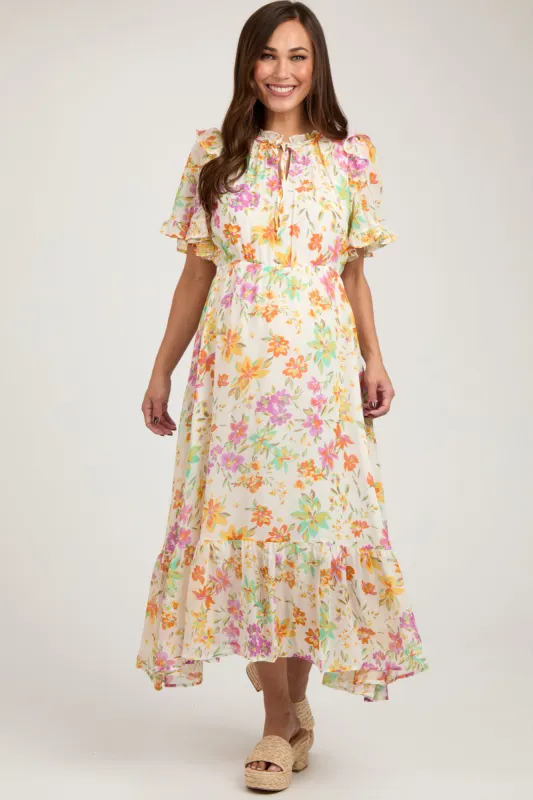 Ivory Floral Ruffle Accent Maternity Midi Dress sold by Pinkblush