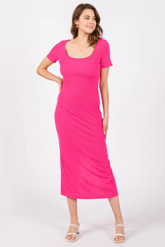 Fuchsia Ribbed Fitted Midi Dress sold by Pinkblush