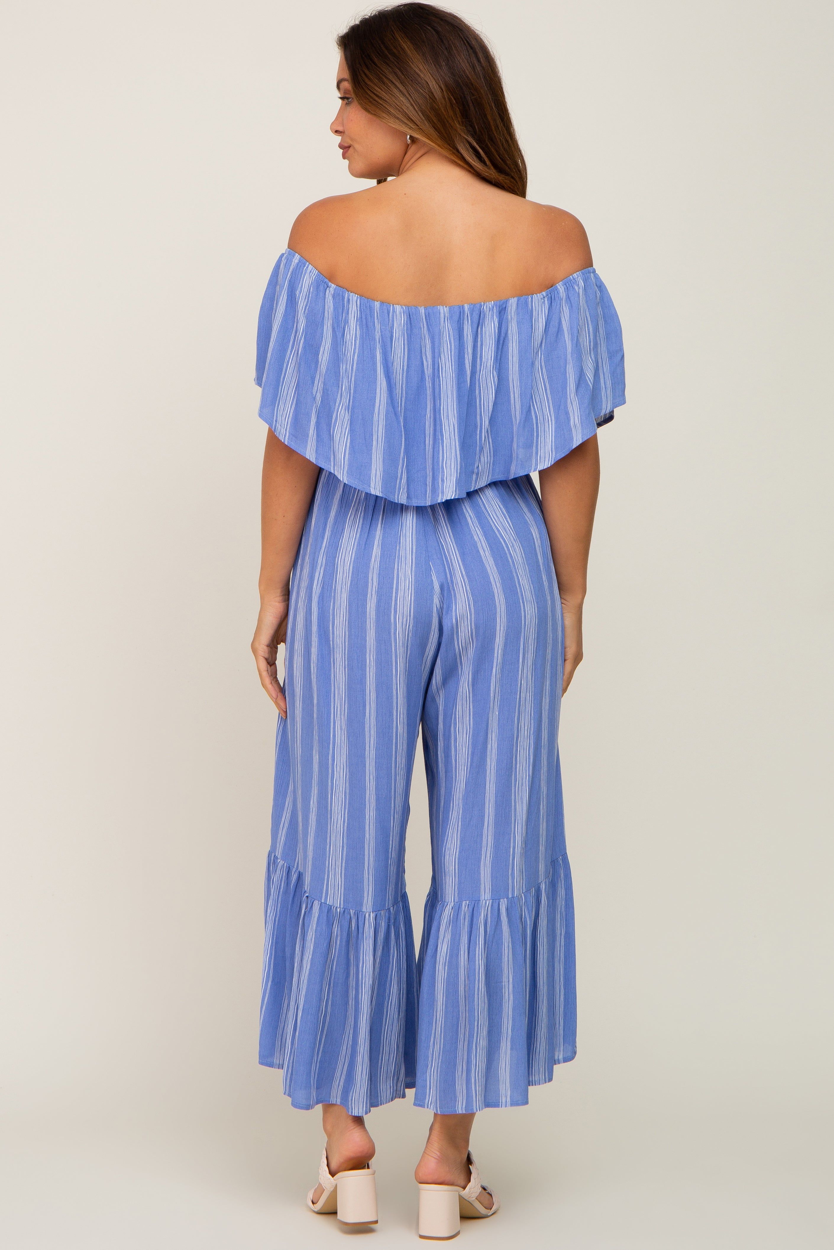 Blue Striped Off Shoulder Maternity Jumpsuit sold by Pinkblush product image thumbnail 4