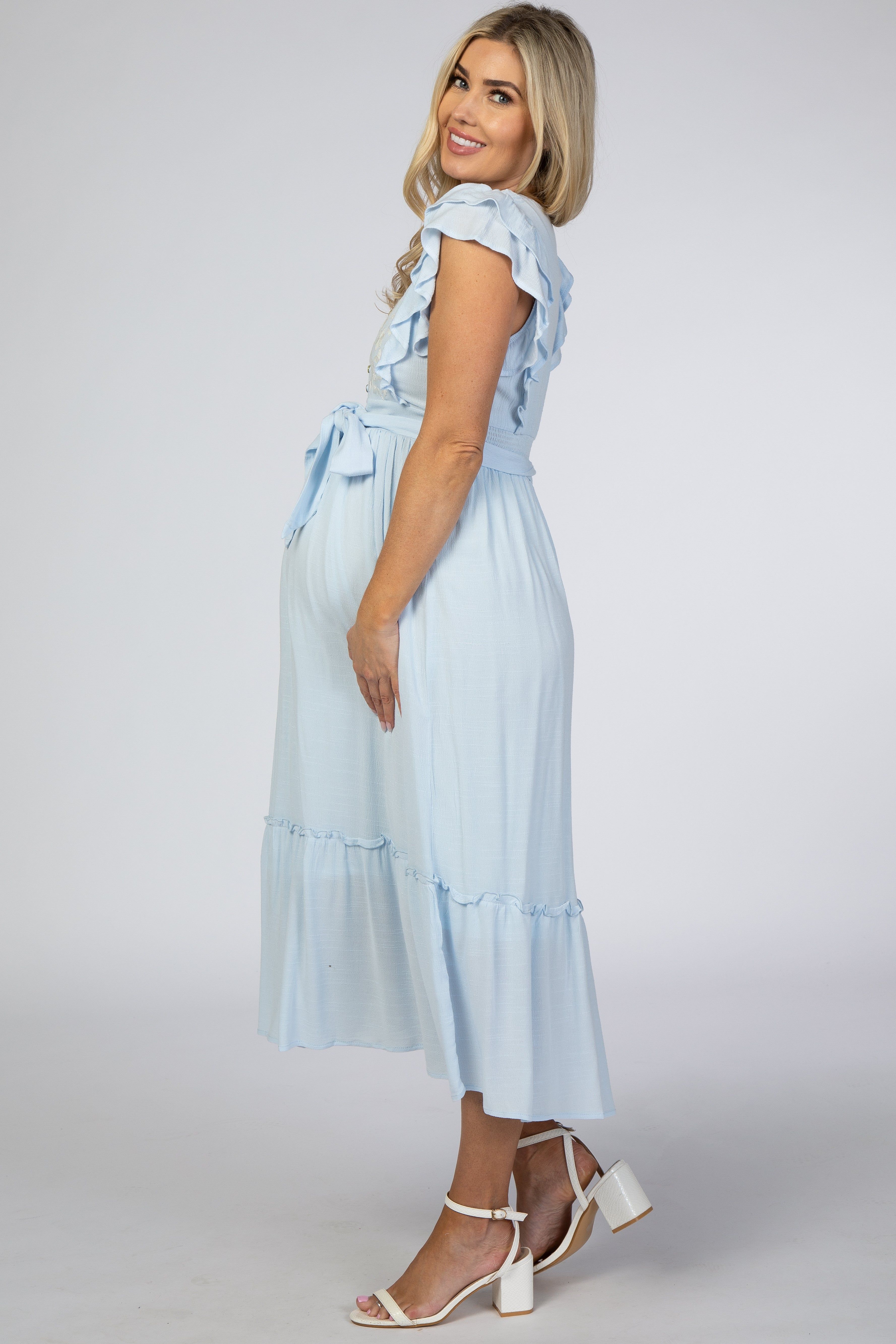 Light Blue Embroidered Waist Tie Ruffle Maternity Midi Dress sold by Pinkblush product image thumbnail 2