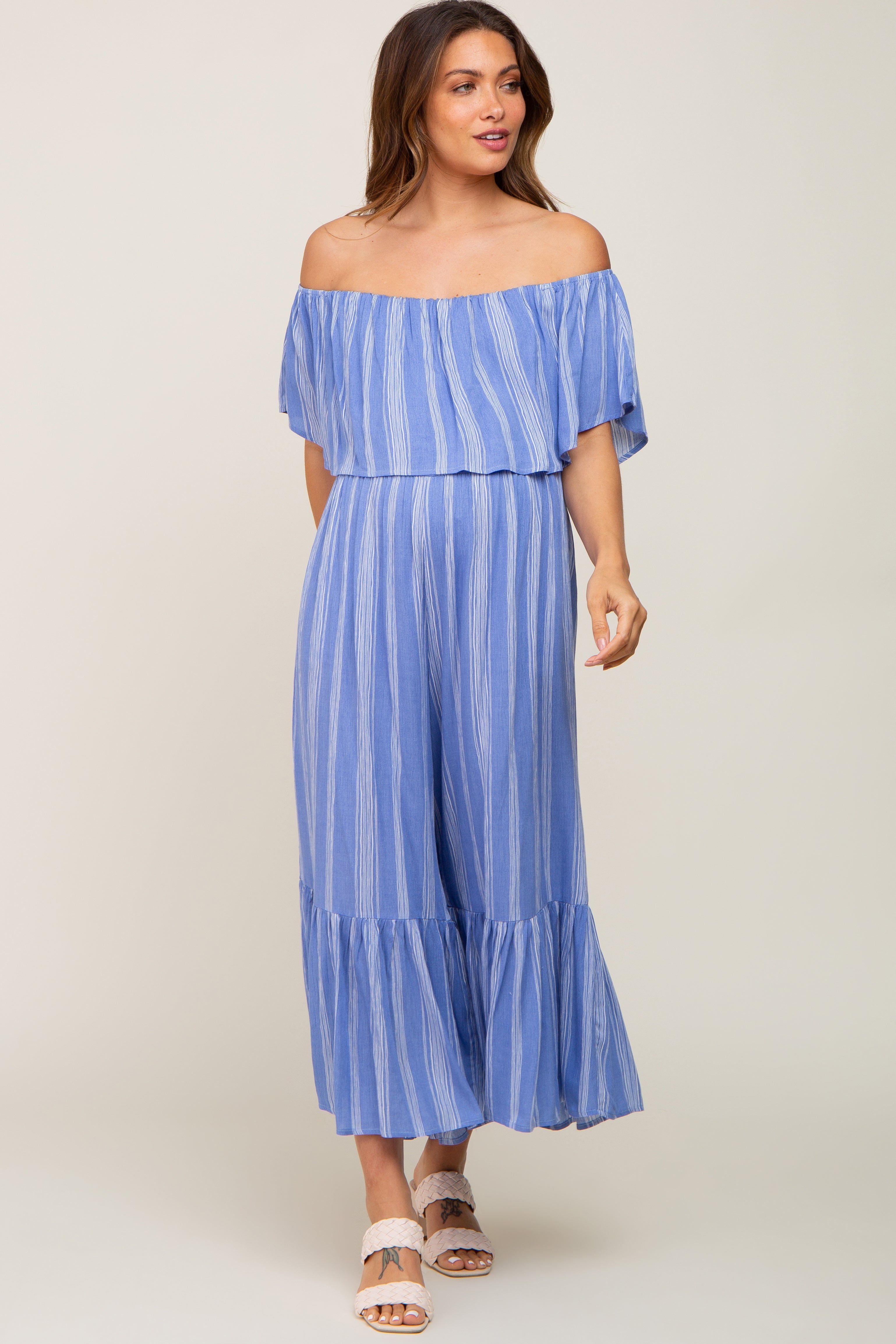 Blue Striped Off Shoulder Maternity Jumpsuit sold by Pinkblush