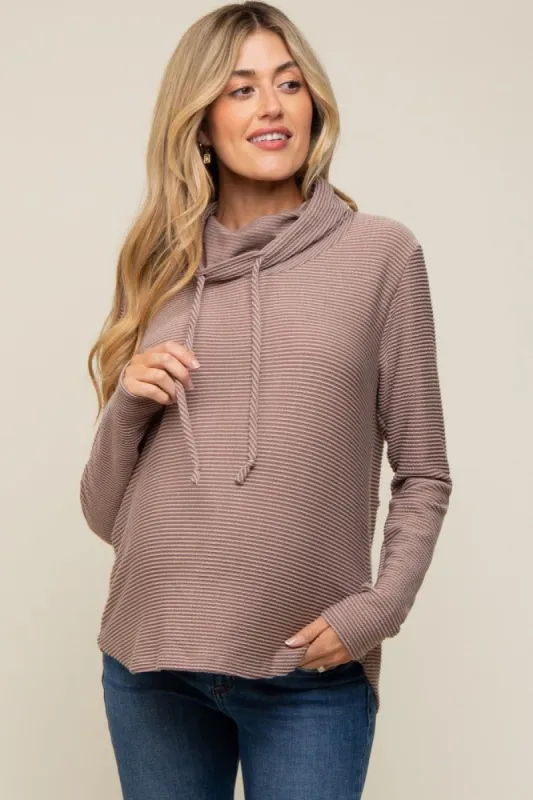 Taupe Ribbed Long Sleeve Hooded Maternity Top sold by Pinkblush