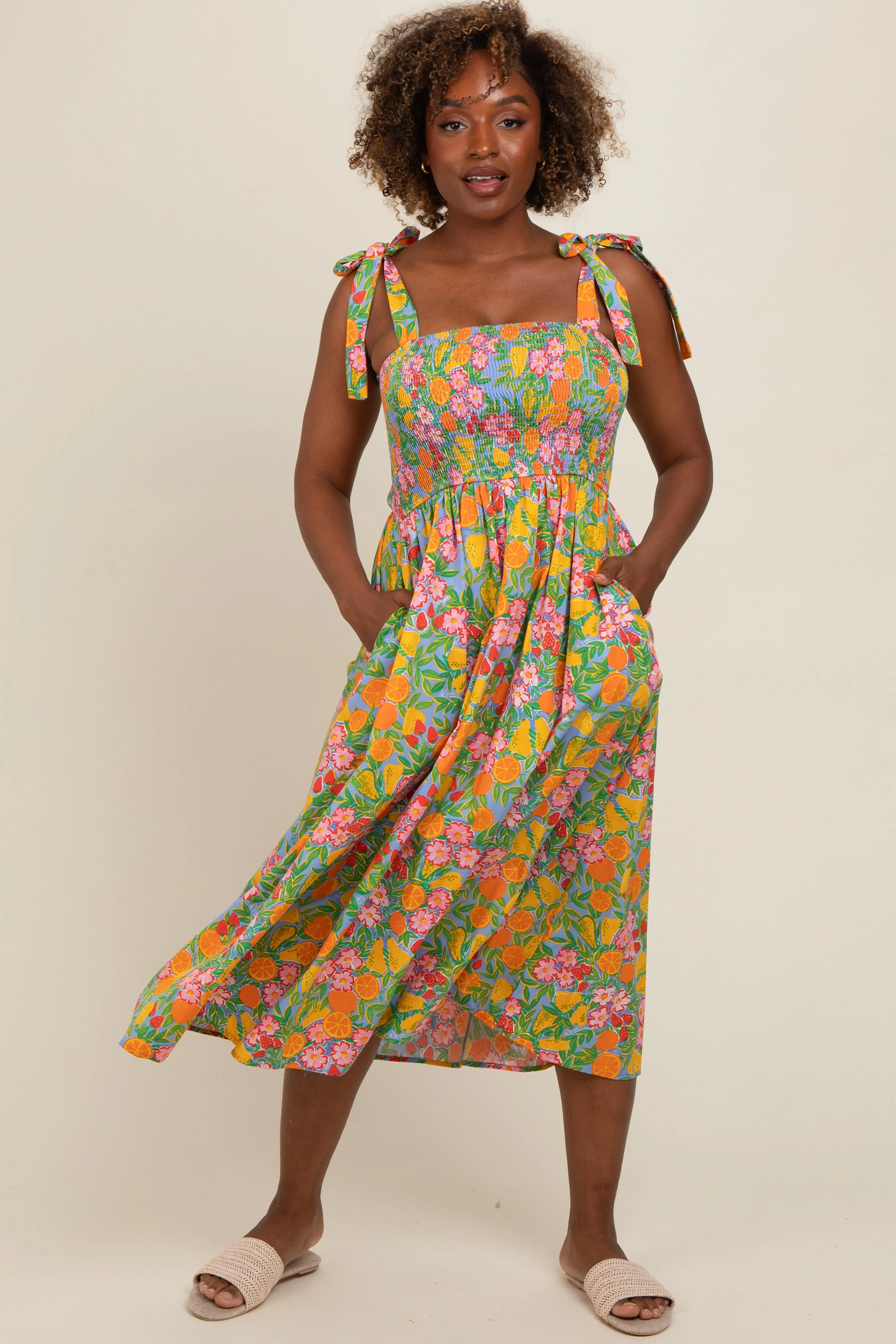 Periwinkle Floral Smocked Shoulder Tie Maxi Dress sold by Pinkblush