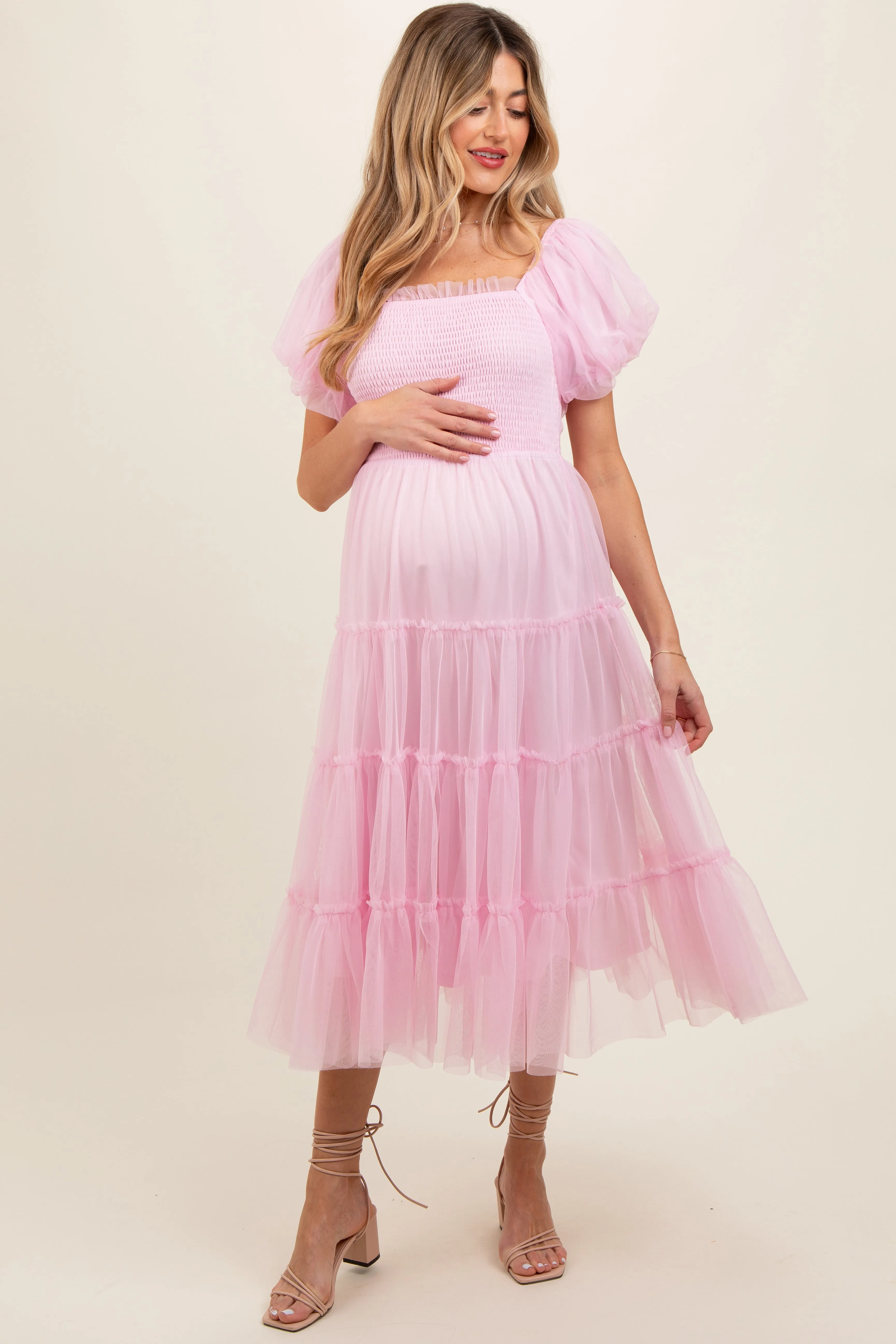 Light Pink Smocked Tiered Tulle Maternity Midi Dress sold by Pinkblush product image thumbnail 3