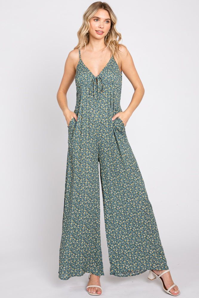 Olive Floral V-Neck Front Tie Sleeveless Jumpsuit sold by Pinkblush