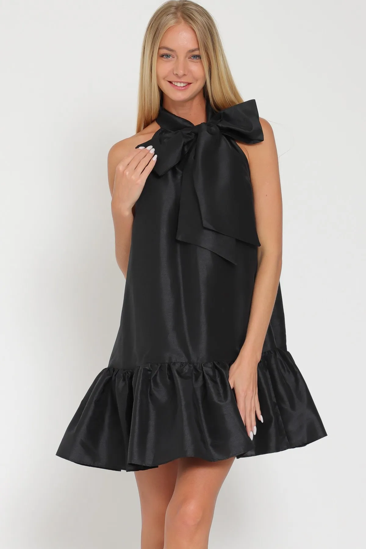 Black Sleeveless Tie Front Neck Mini Dress sold by Pinkblush