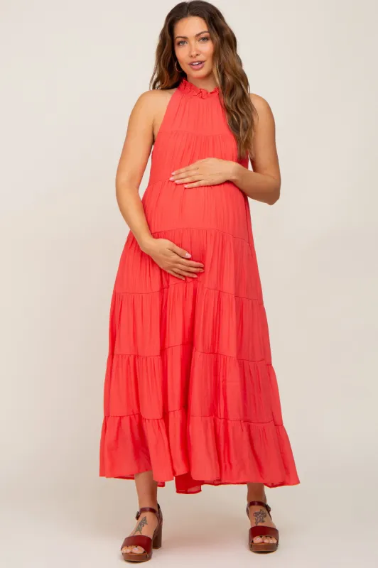 Coral Tiered High Neck Maternity Maxi Dress sold by Pinkblush