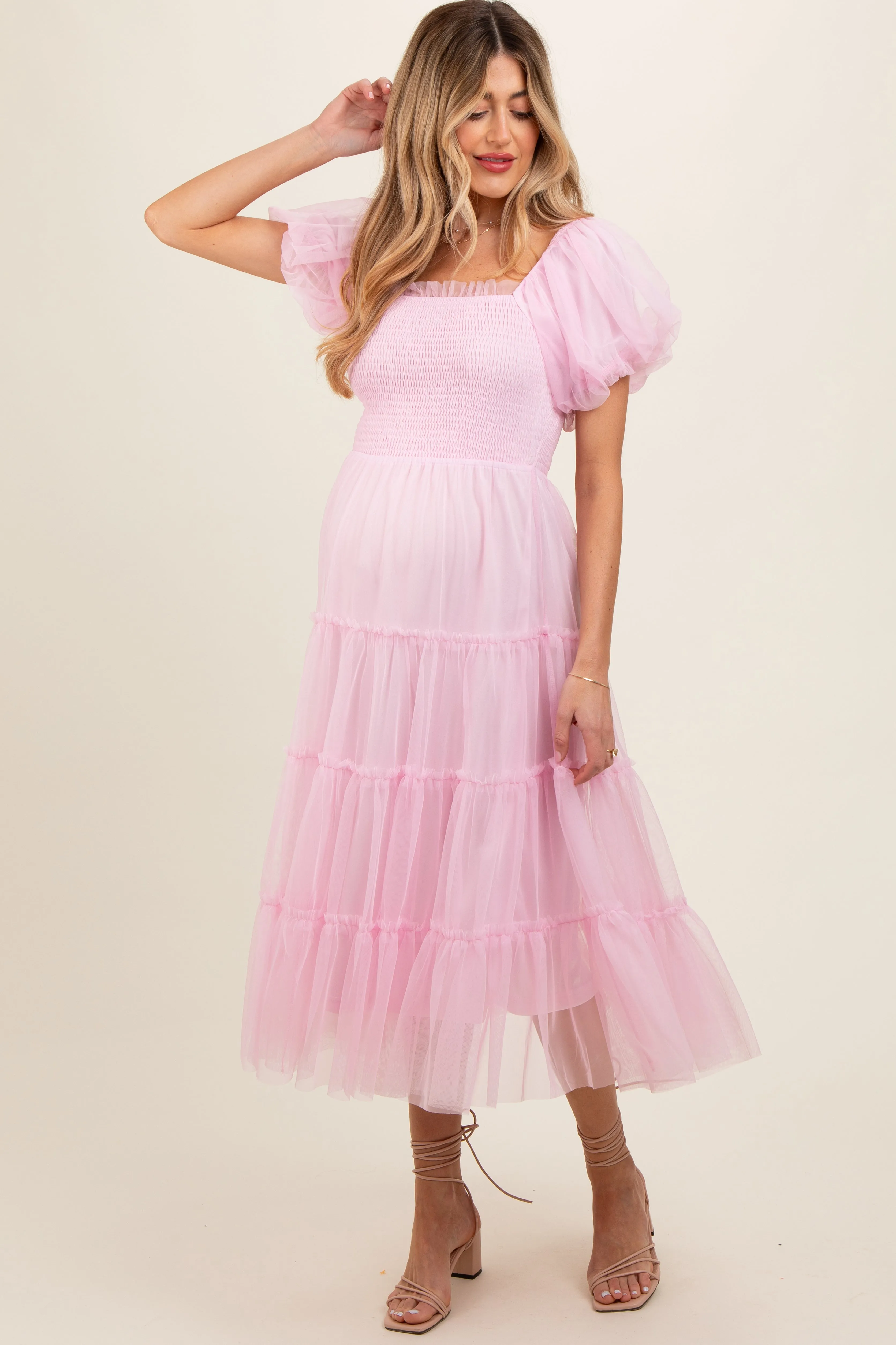 Light Pink Smocked Tiered Tulle Maternity Midi Dress sold by Pinkblush product image thumbnail 4