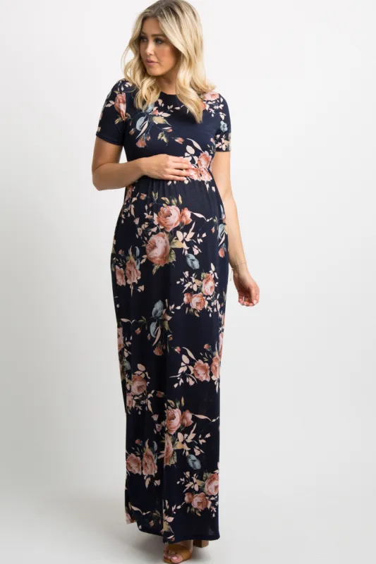 Navy Blue Rose Print Short Sleeve Maternity Maxi Dress sold by Pinkblush