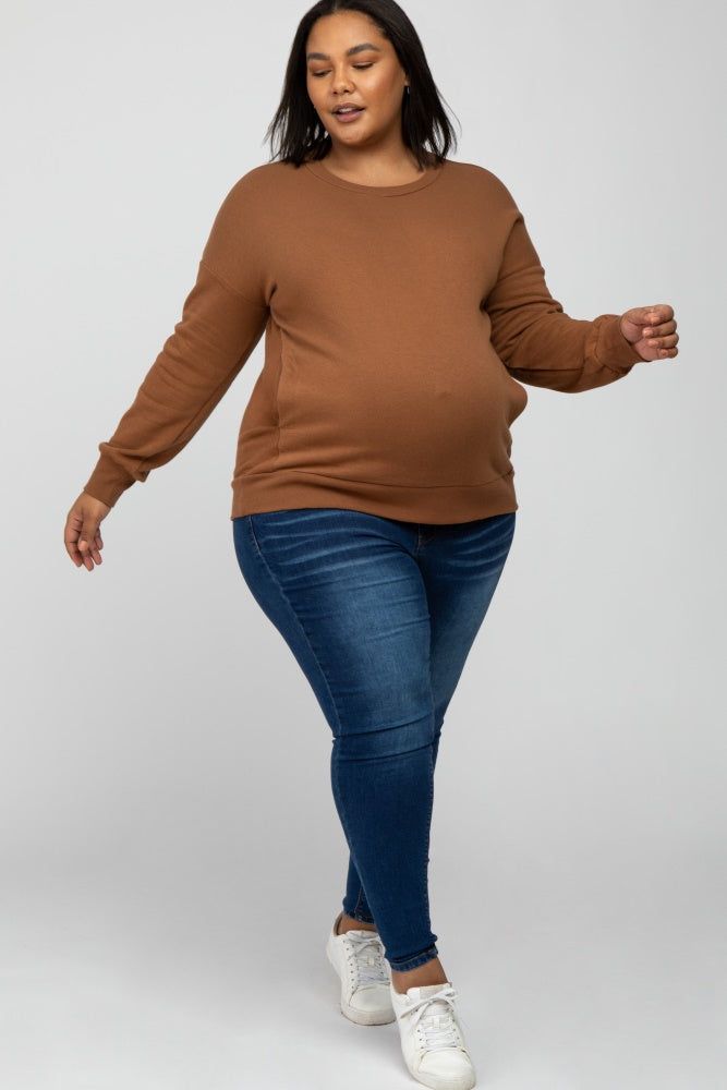Camel Pocketed Plus Maternity Sweatshirt sold by Pinkblush