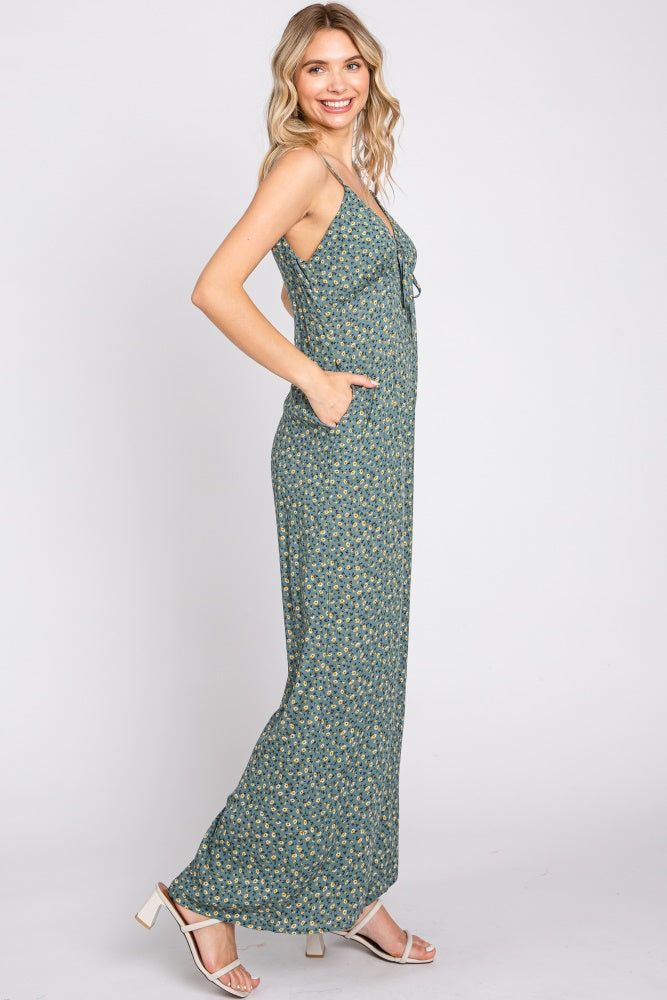 Olive Floral V-Neck Front Tie Sleeveless Jumpsuit sold by Pinkblush product image thumbnail 2