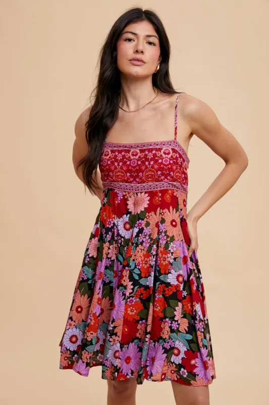 Multi-Color Floral Paisley Square Neck Tie Back Dress sold by Pinkblush