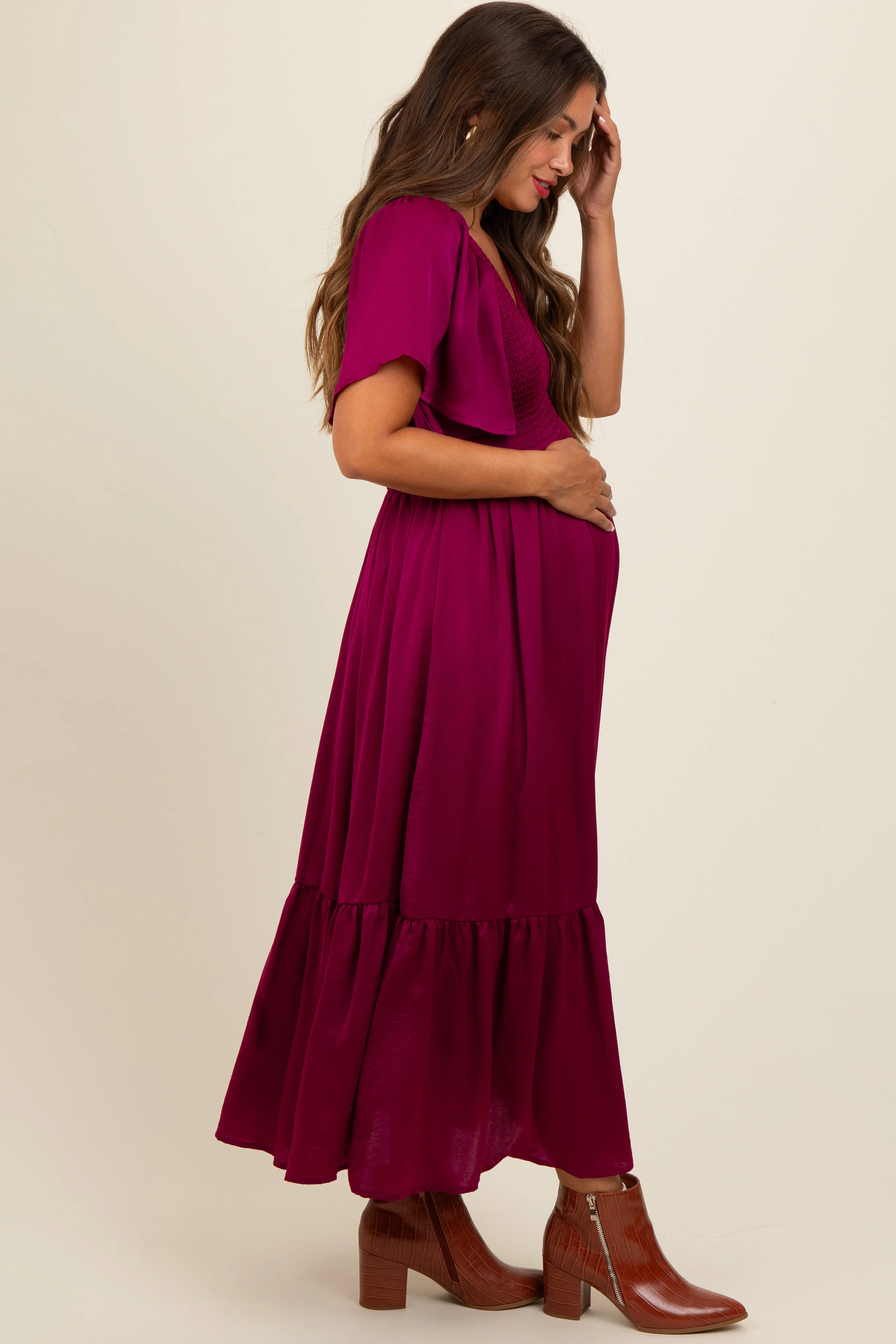Deep Red Satin Smocked Maternity Midi Dress sold by Pinkblush product image thumbnail 2