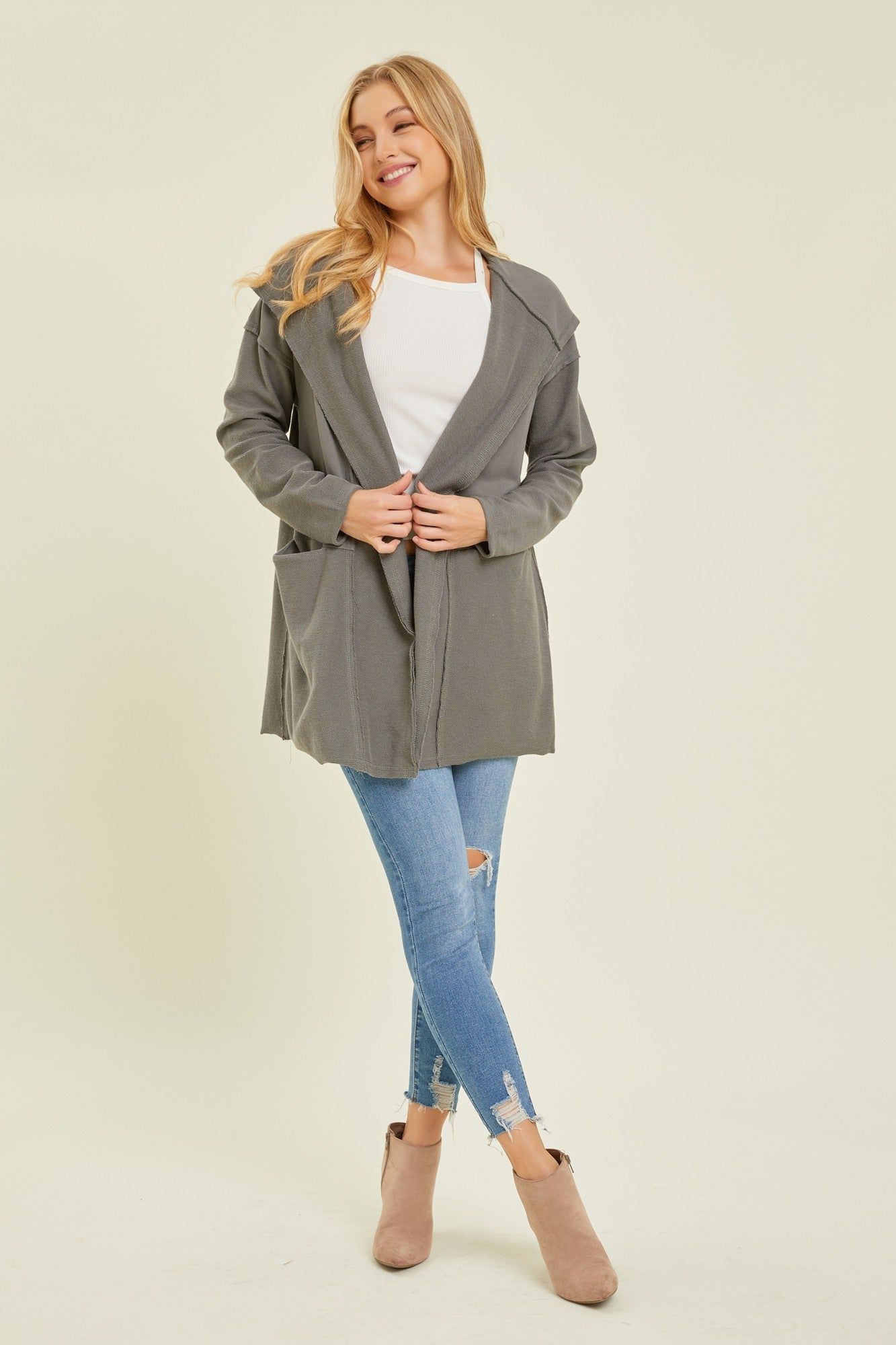Charcoal Raw Hem Hooded Cardigan sold by Pinkblush product image thumbnail 2