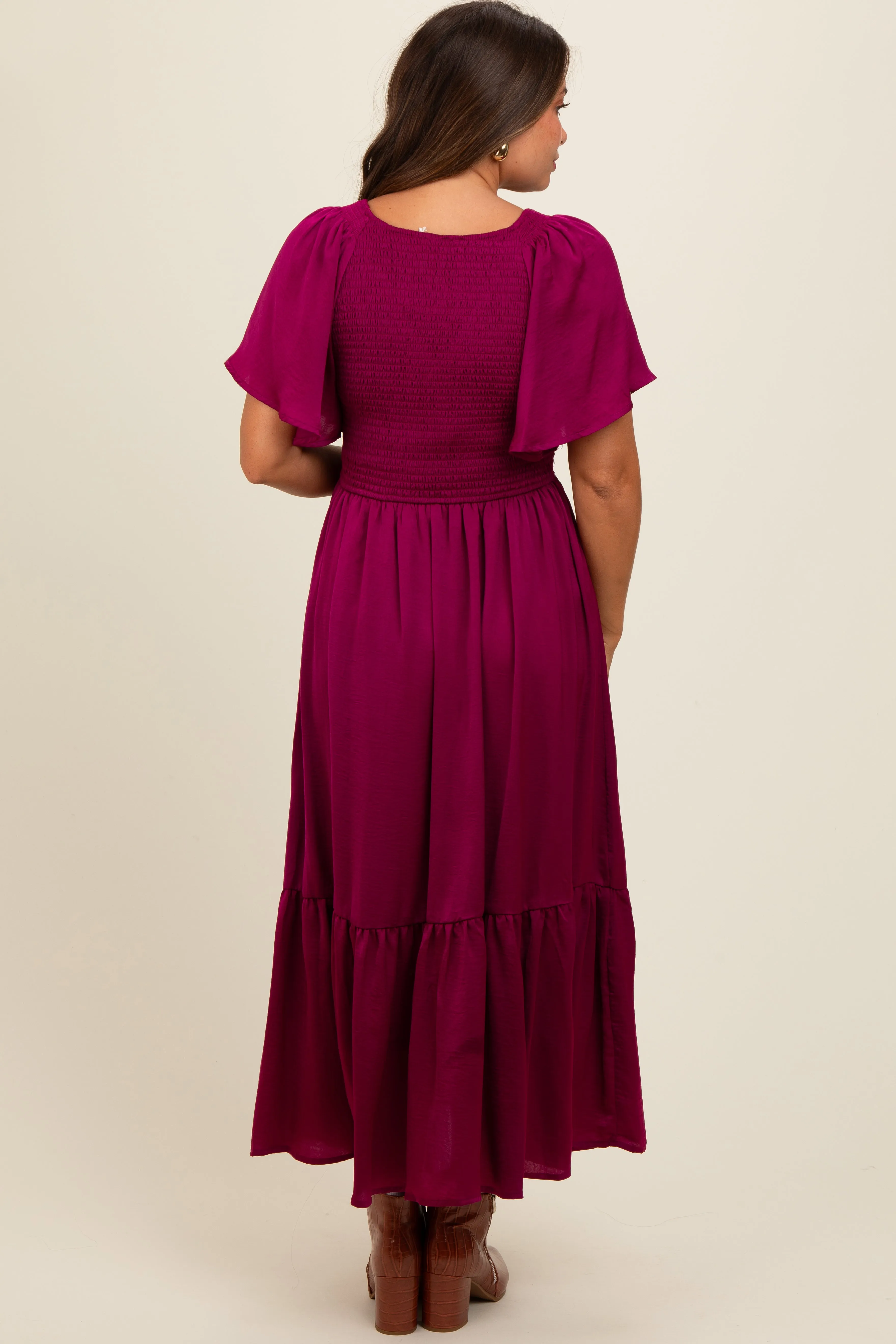 Deep Red Satin Smocked Maternity Midi Dress sold by Pinkblush product image thumbnail 3