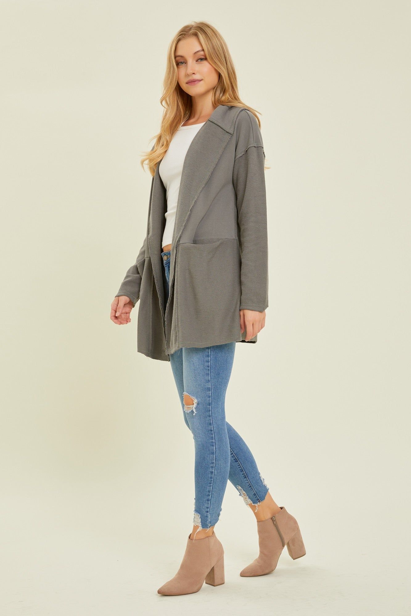 Charcoal Raw Hem Hooded Cardigan sold by Pinkblush product image thumbnail 3
