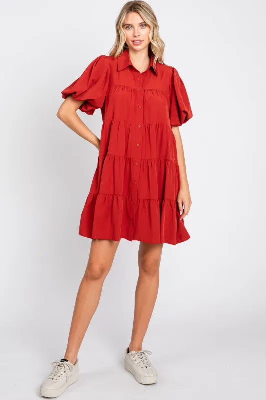 Rust Puff Sleeve Mini Shirt Dress sold by Pinkblush