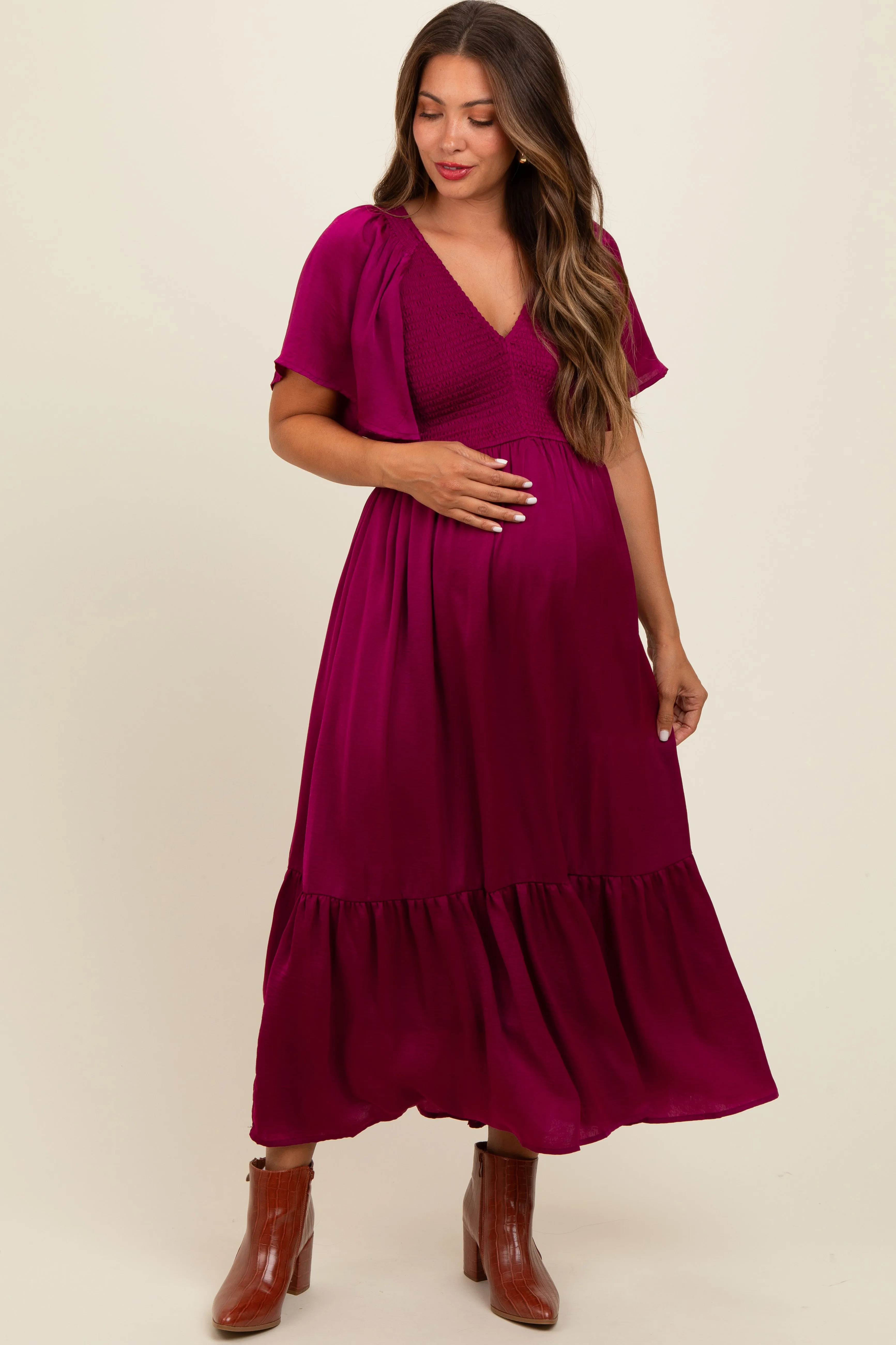 Deep Red Satin Smocked Maternity Midi Dress sold by Pinkblush