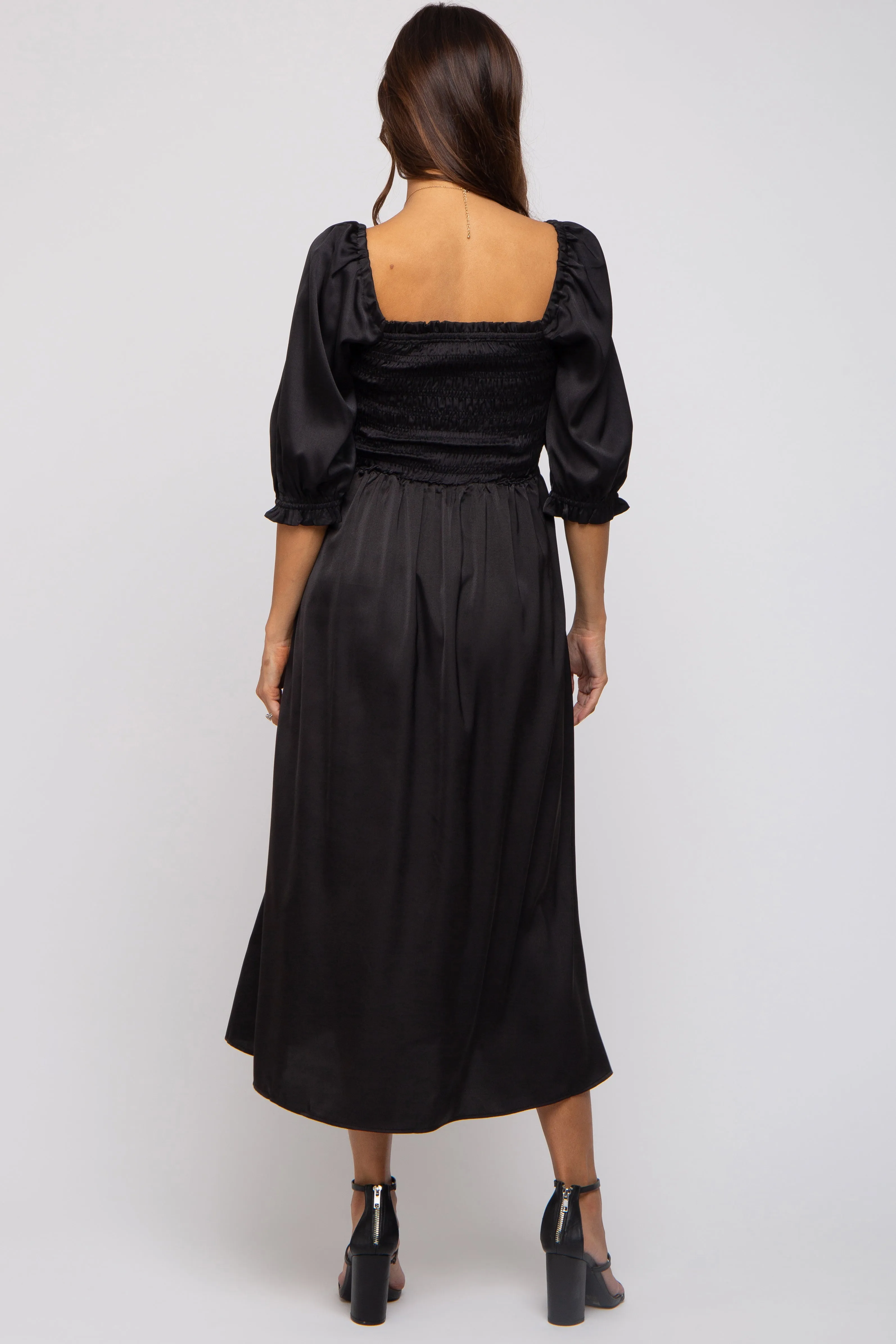Black Satin Smocked Maternity Midi Dress sold by Pinkblush product image thumbnail 4