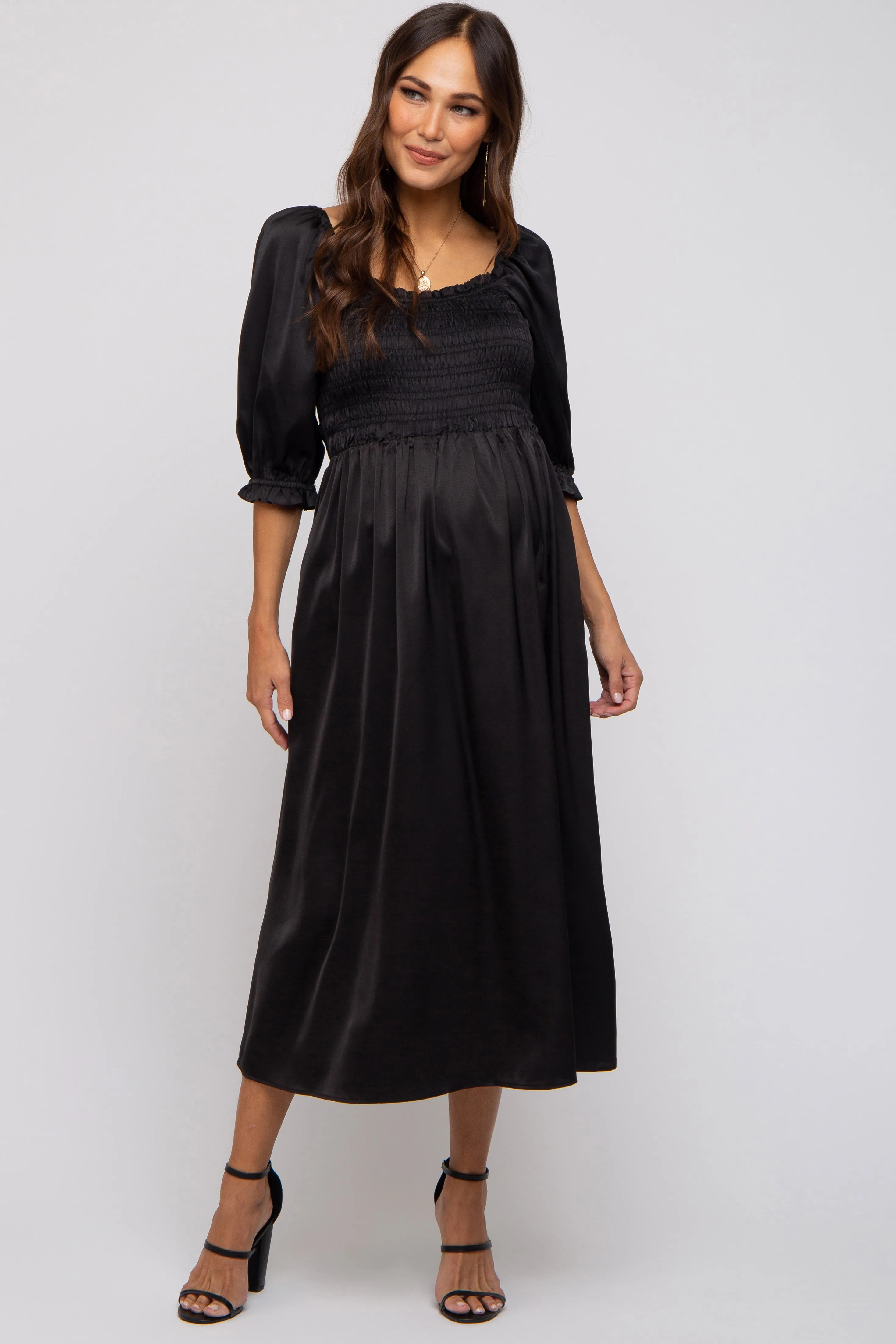 Black Satin Smocked Maternity Midi Dress sold by Pinkblush