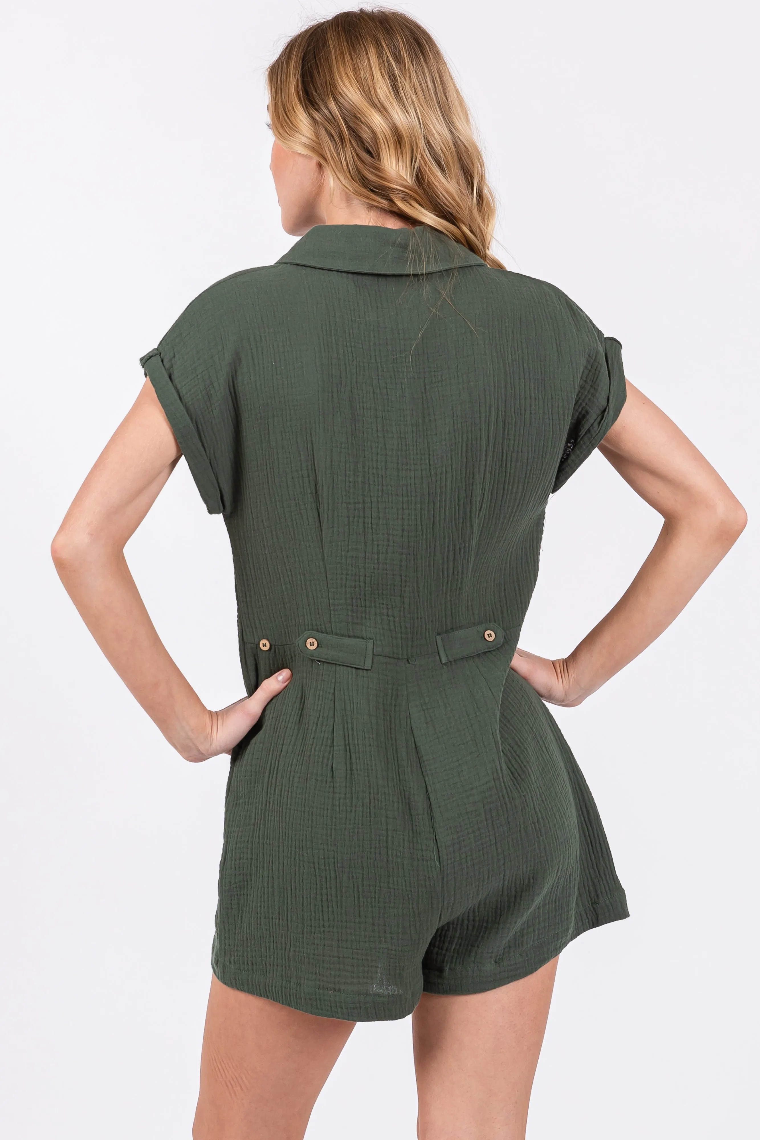 Olive Gauze Button Up Front Pocket Romper sold by Pinkblush product image thumbnail 3