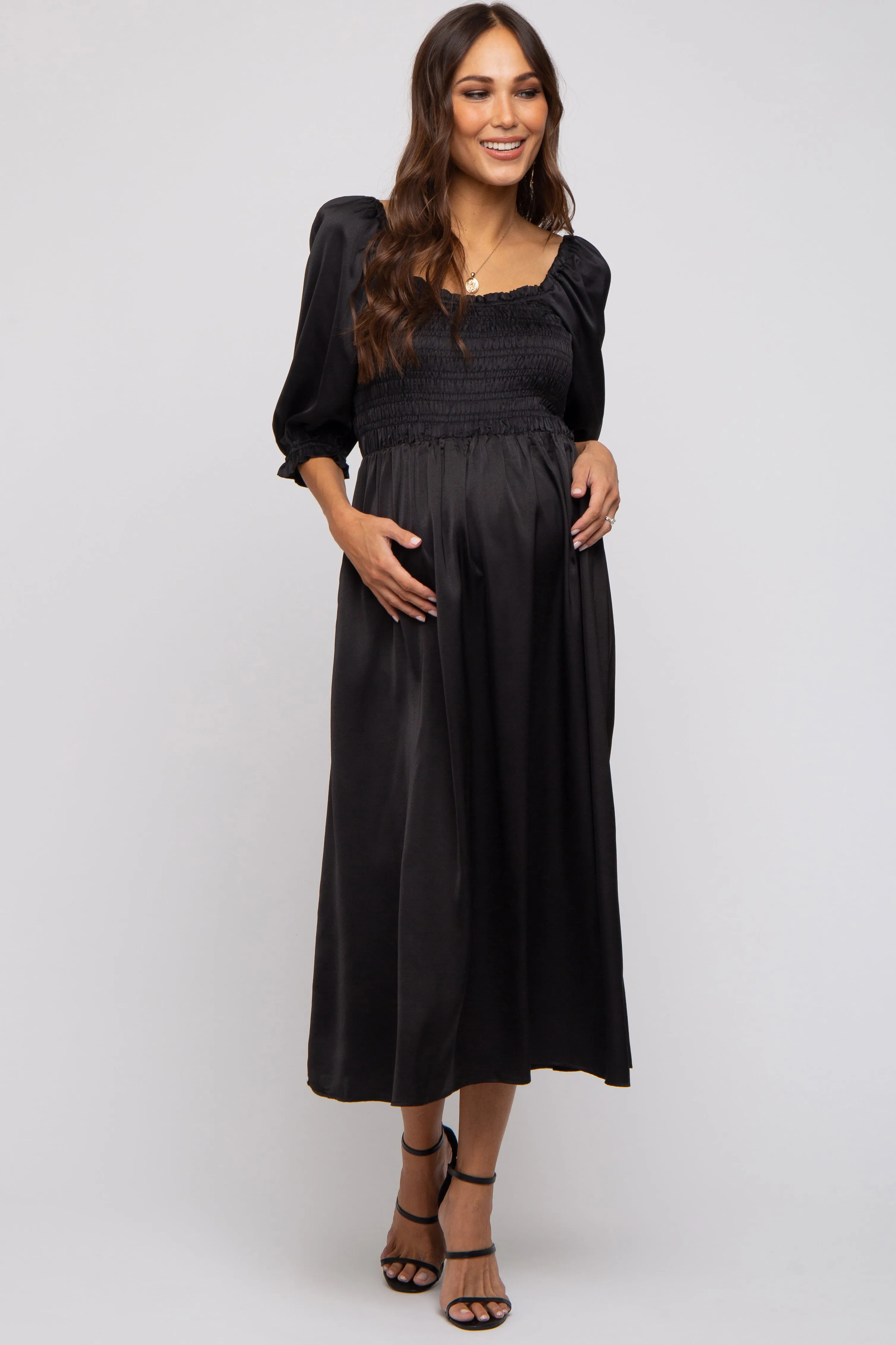 Black Satin Smocked Maternity Midi Dress sold by Pinkblush product image thumbnail 5