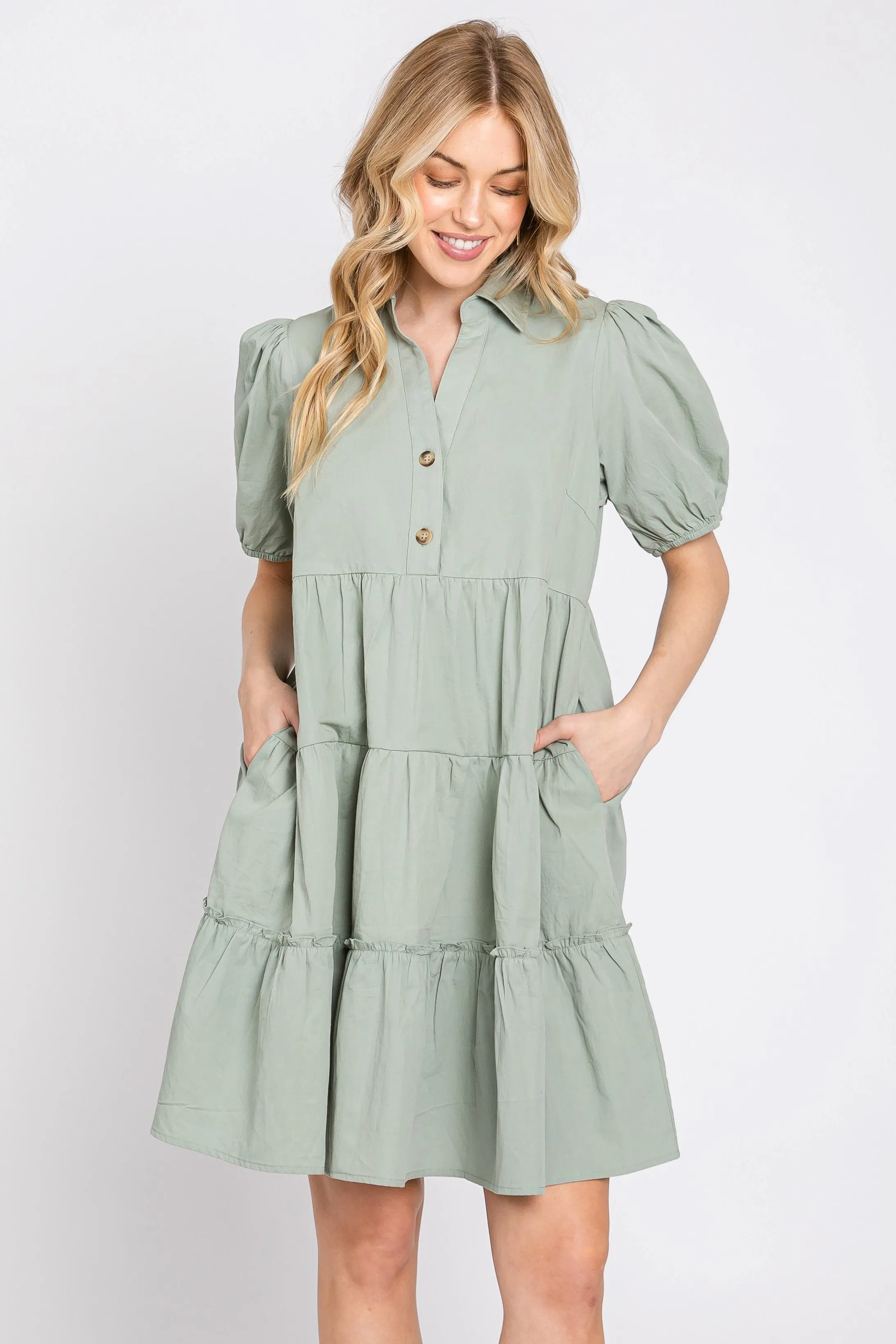 Light Olive Collared Tiered Maternity Dress sold by Pinkblush product image thumbnail 5