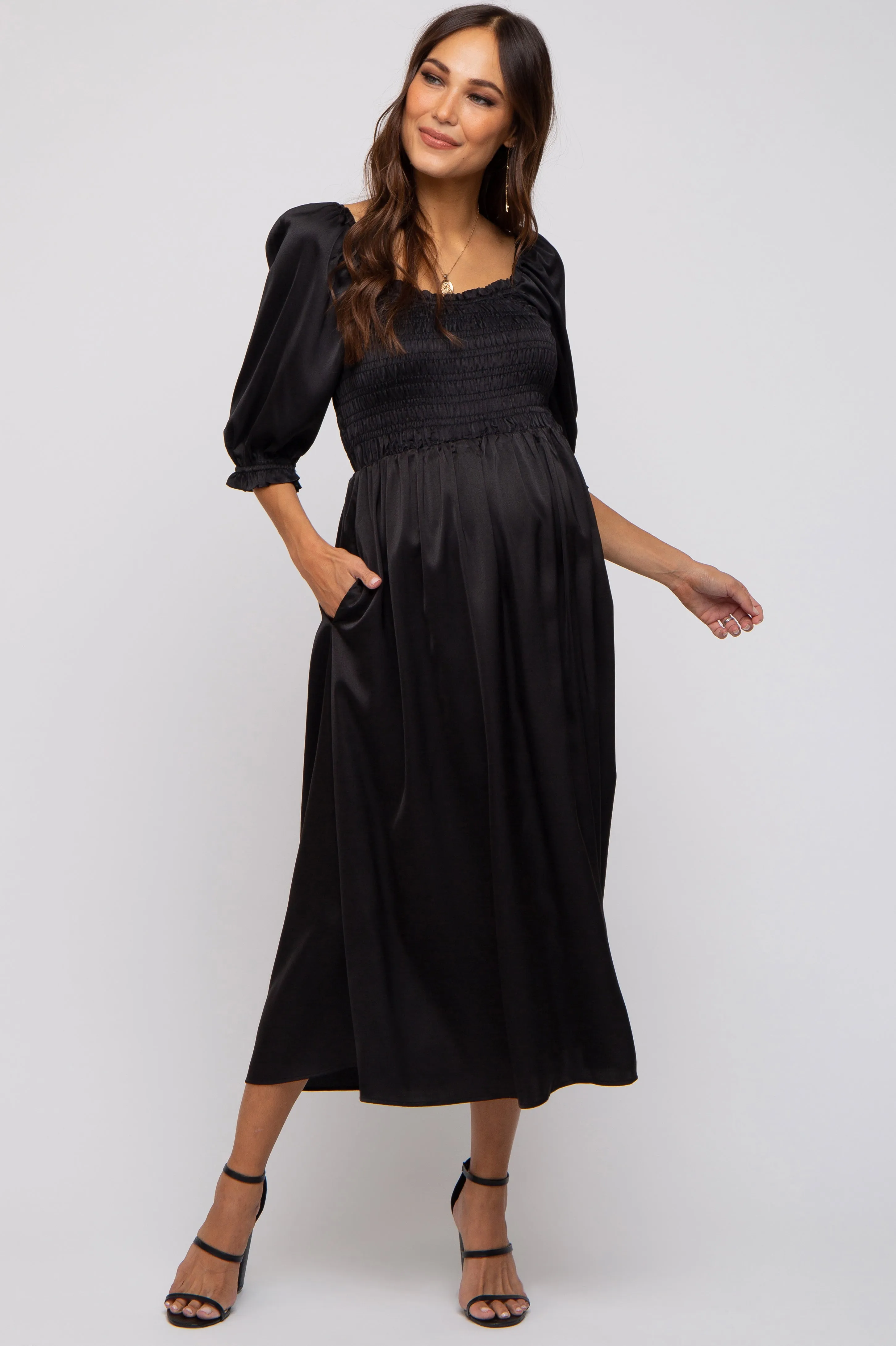 Black Satin Smocked Maternity Midi Dress sold by Pinkblush product image thumbnail 2
