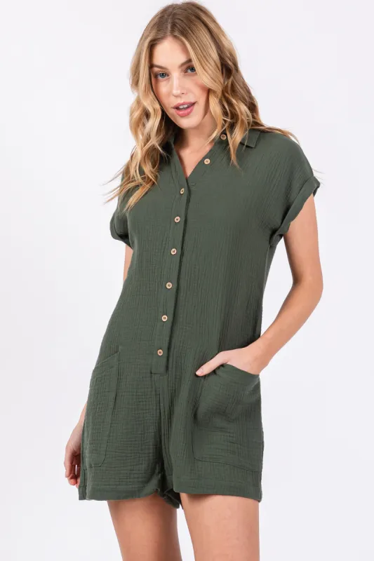 Olive Gauze Button Up Front Pocket Romper sold by Pinkblush