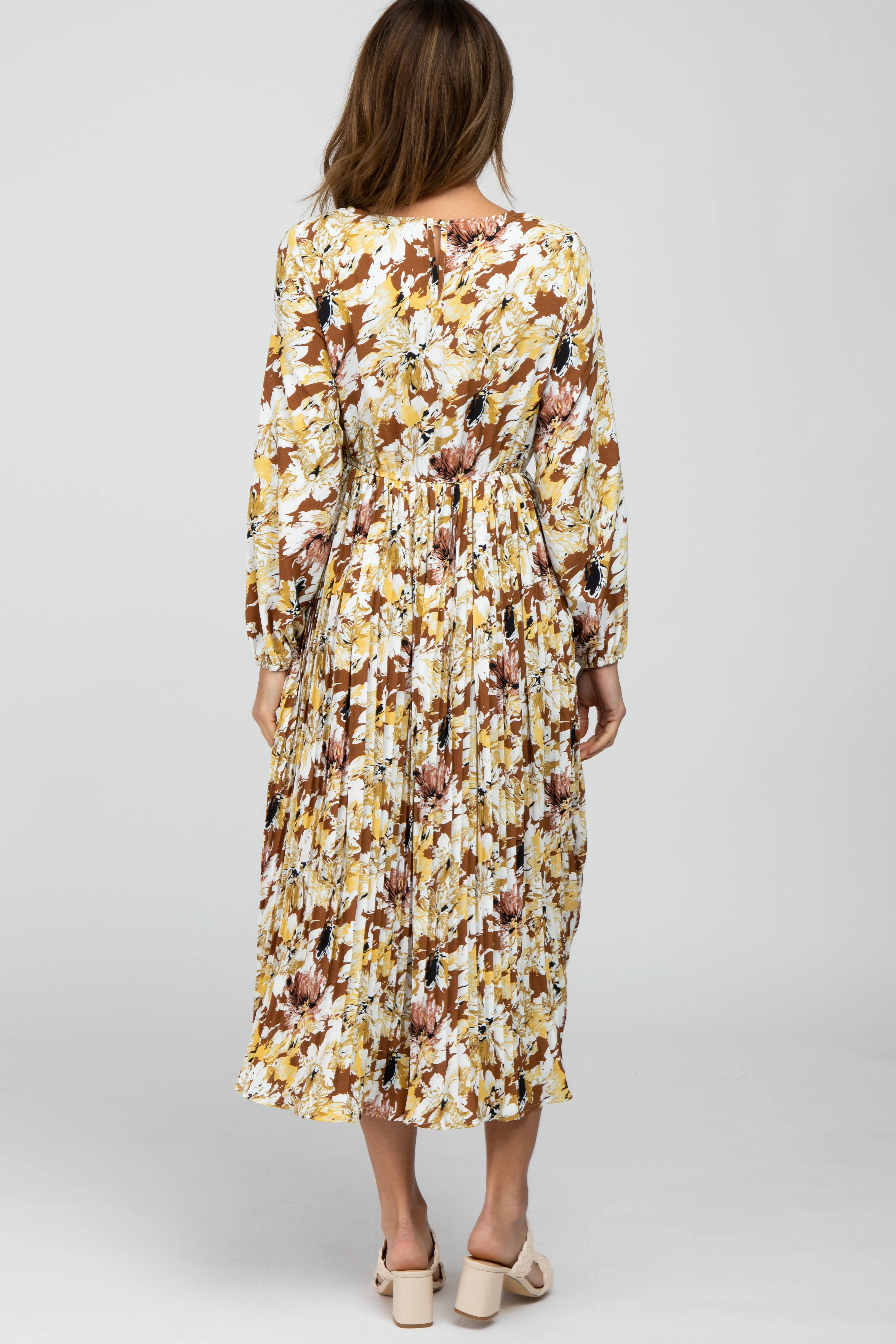 Brown Floral Pleated Midi Dress sold by Pinkblush product image thumbnail 4