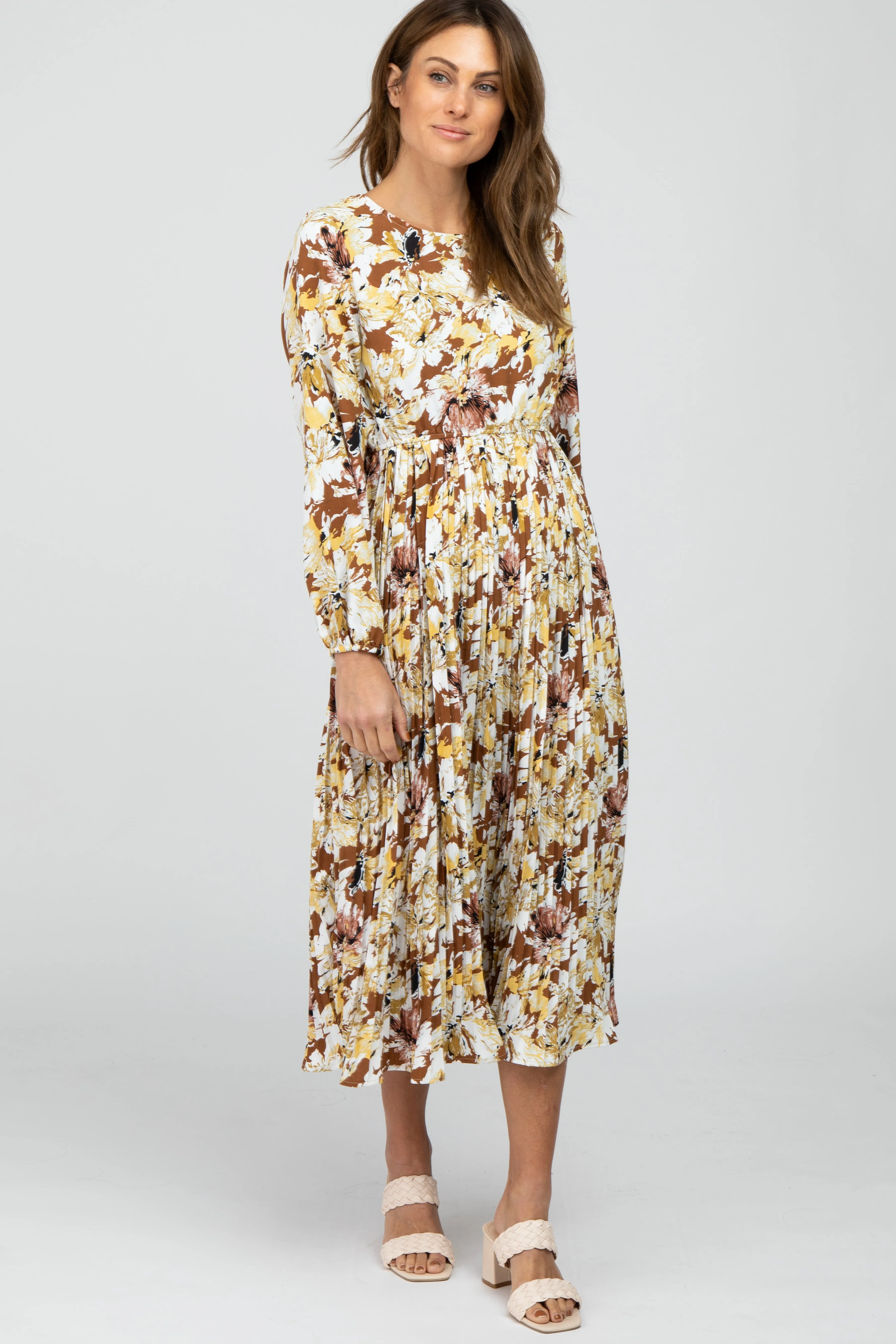 Brown Floral Pleated Midi Dress sold by Pinkblush