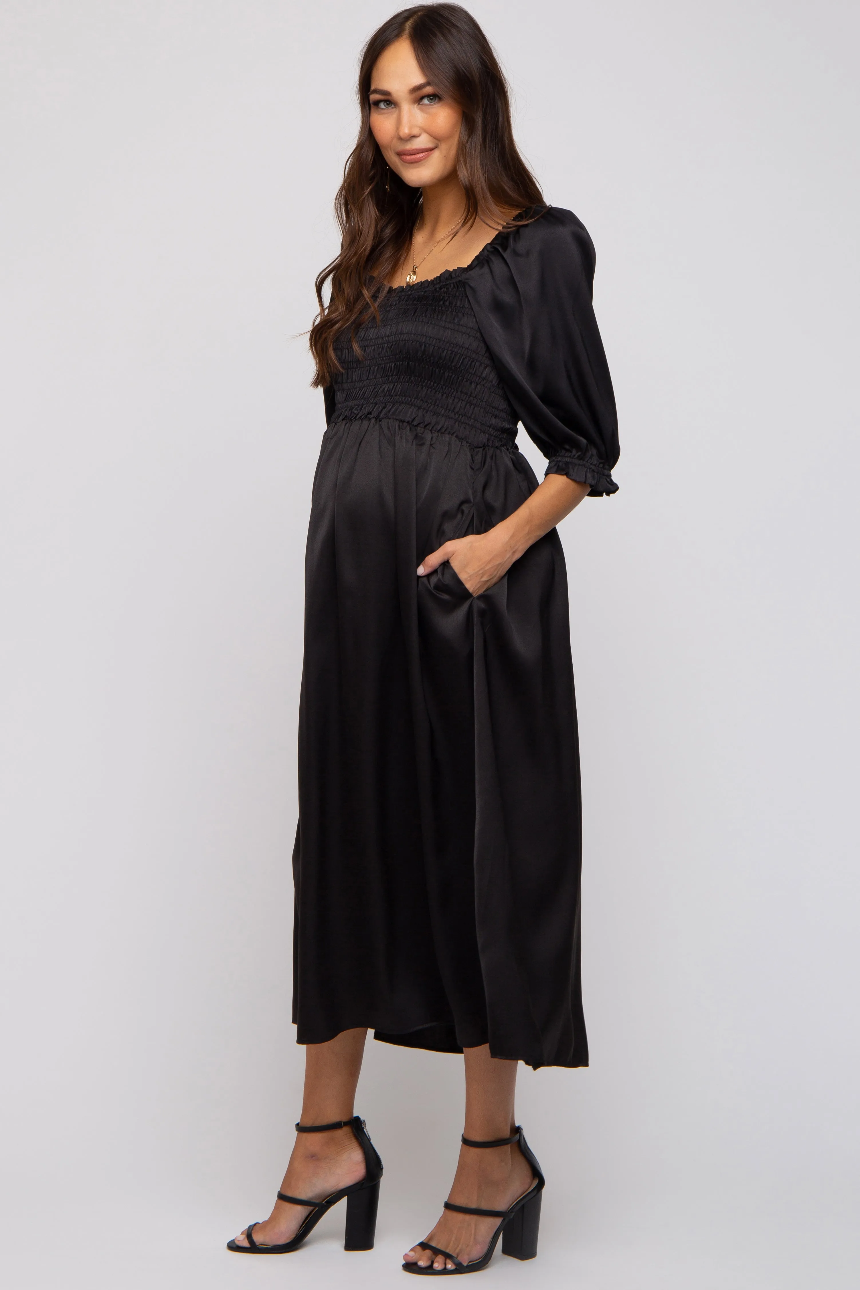 Black Satin Smocked Maternity Midi Dress sold by Pinkblush product image thumbnail 3