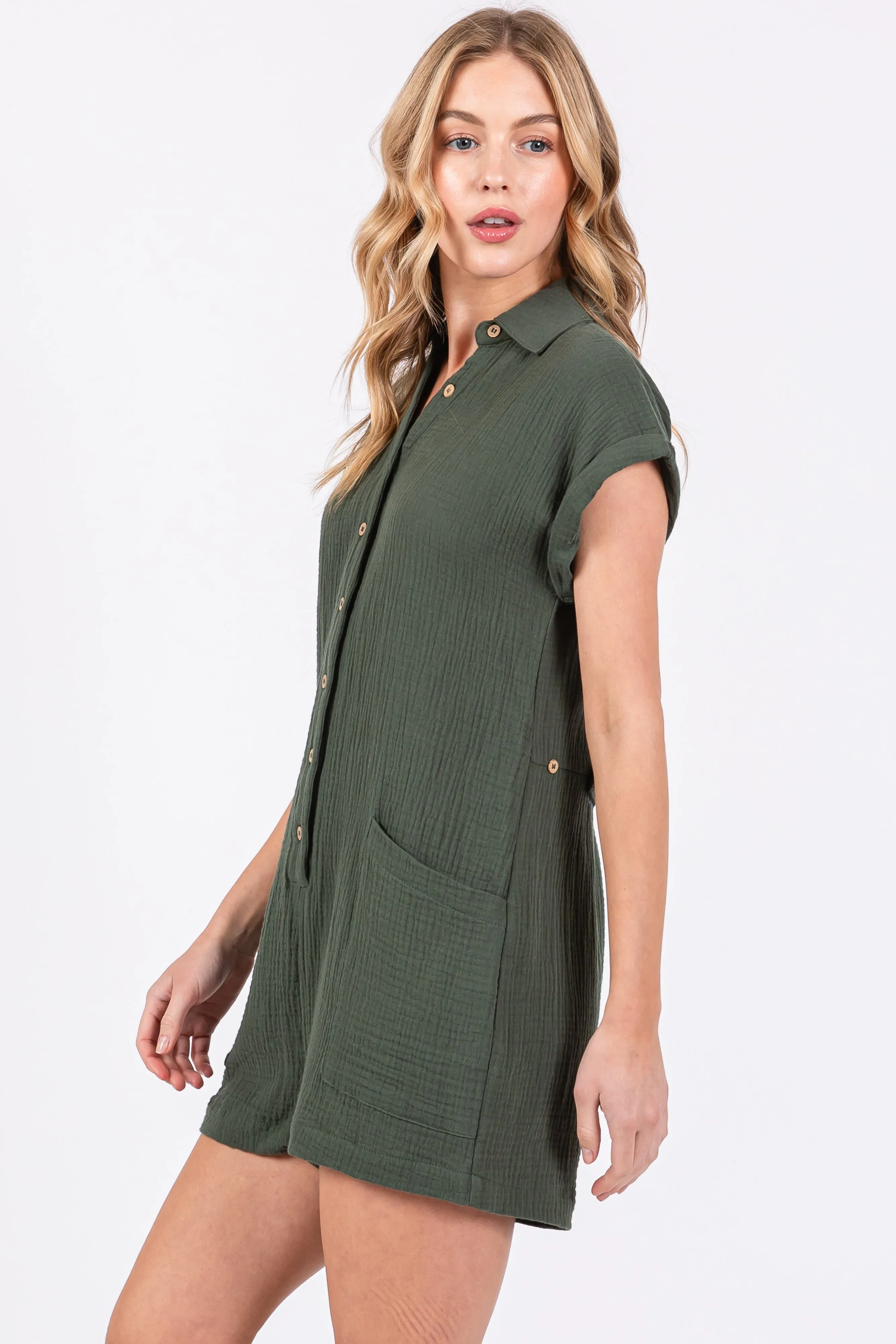 Olive Gauze Button Up Front Pocket Romper sold by Pinkblush product image thumbnail 2