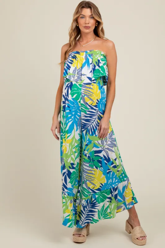 Multi-Color Palm Strapless Ruffle Wide Leg Maternity Jumpsuit sold by Pinkblush