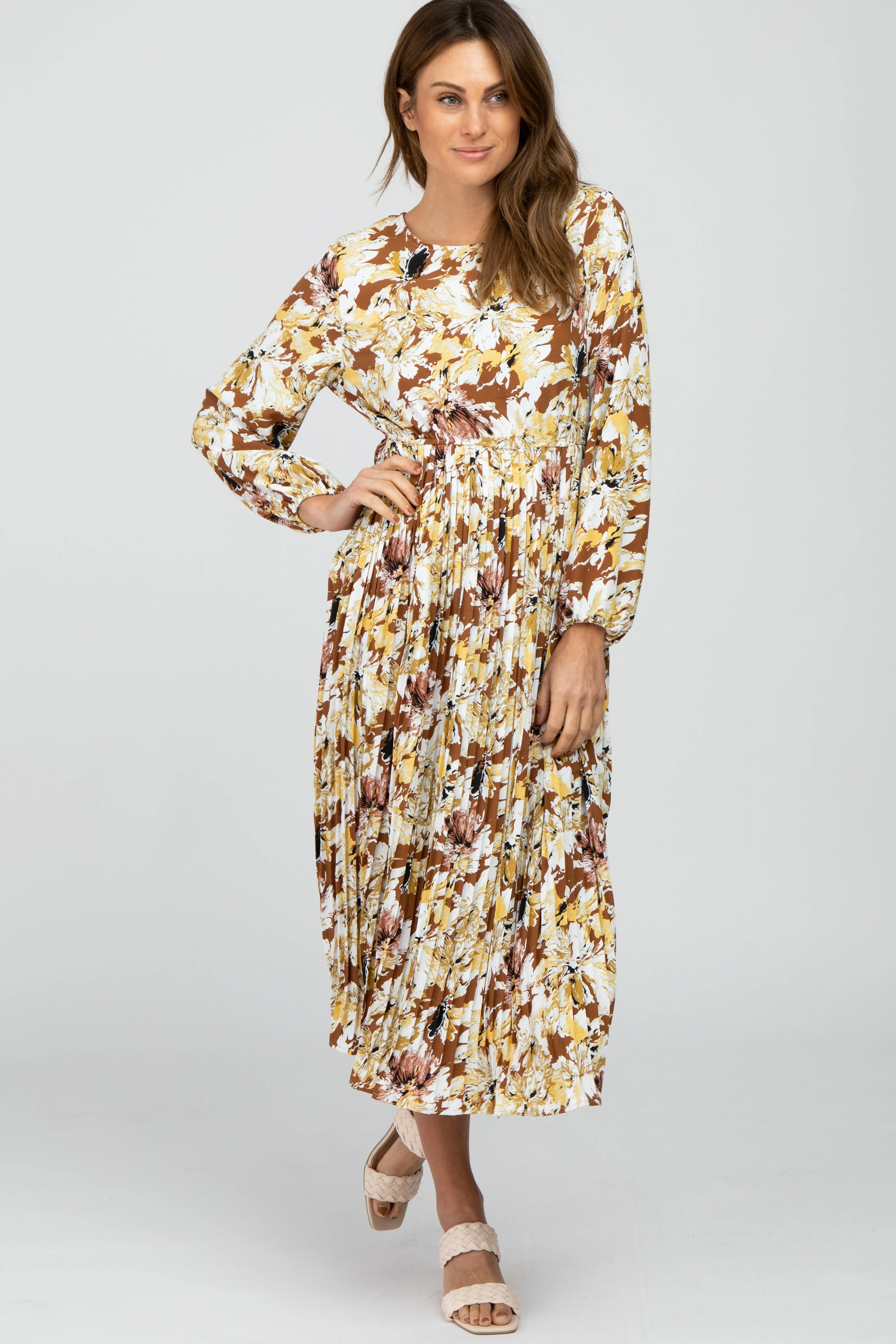Brown Floral Pleated Midi Dress sold by Pinkblush product image thumbnail 2