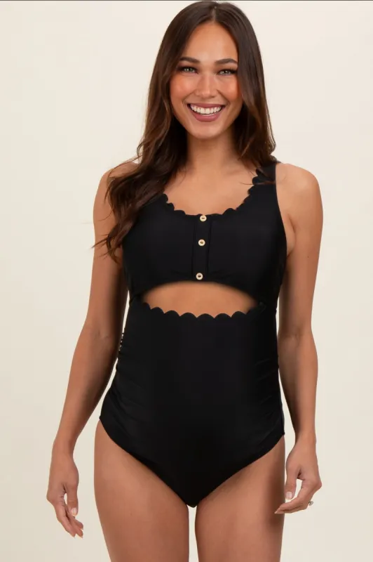 Black Scalloped Cutout Ruched Maternity One Piece Swimsuit sold by Pinkblush