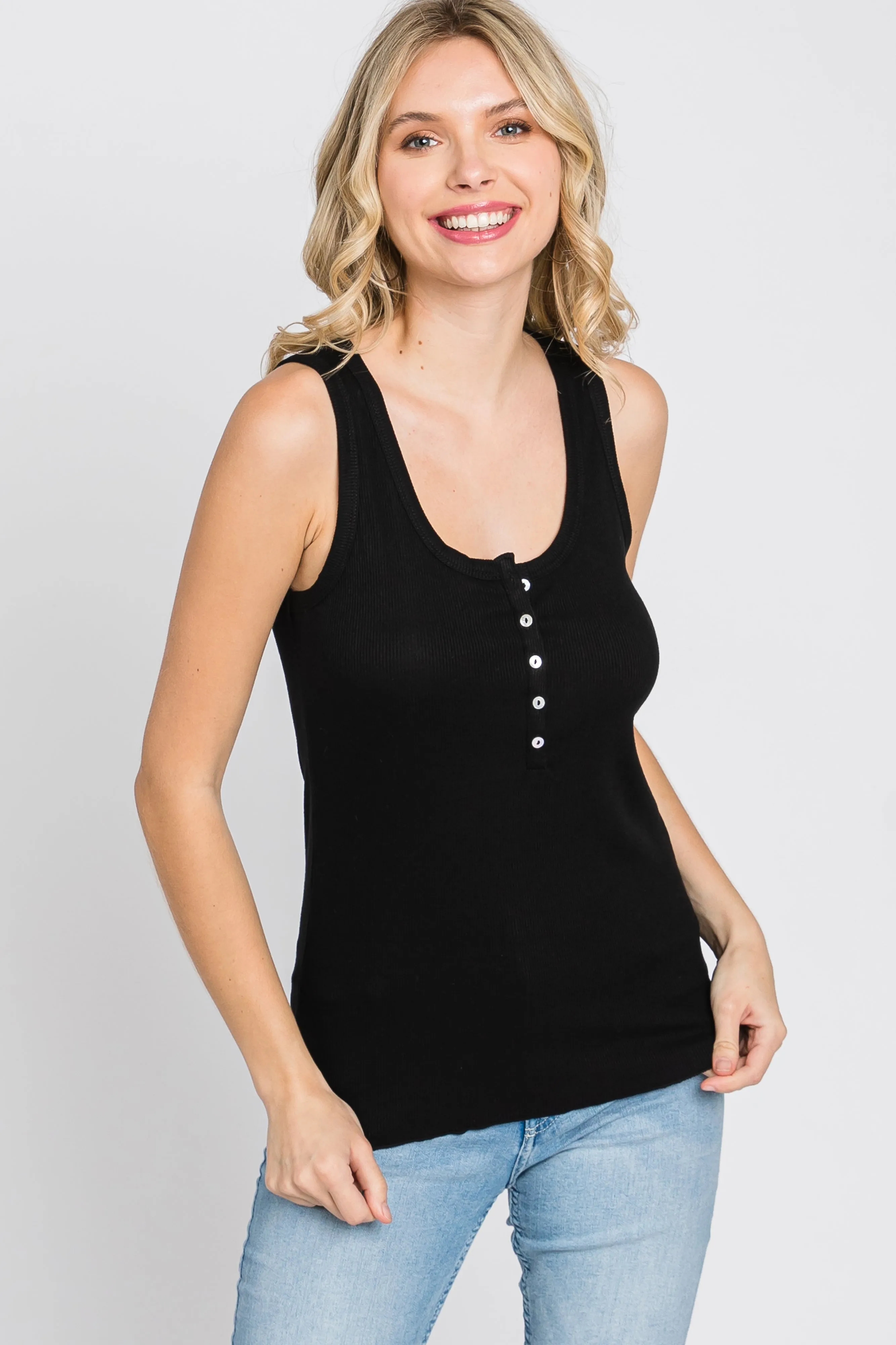 Black Ribbed Button Front Tank Top sold by Pinkblush