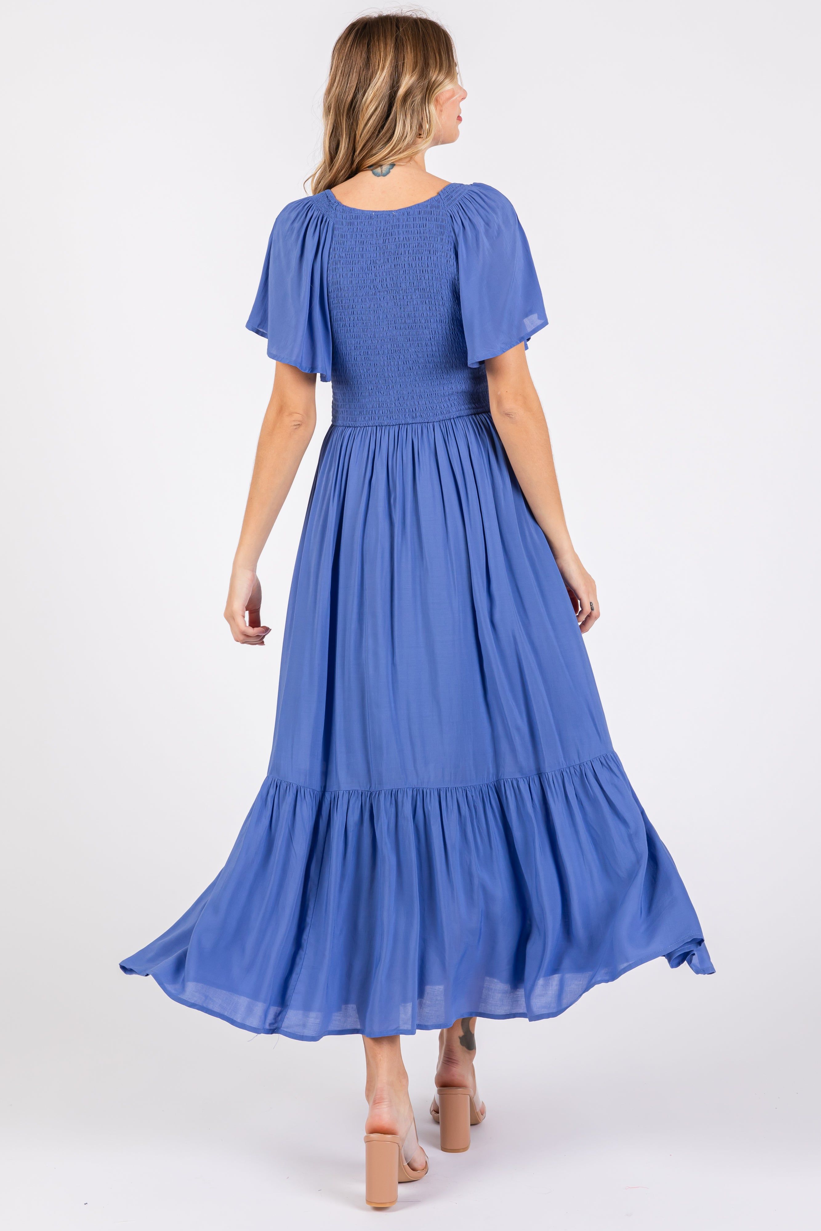 Blue Smocked Flutter Sleeve Midi Dress sold by Pinkblush product image thumbnail 3
