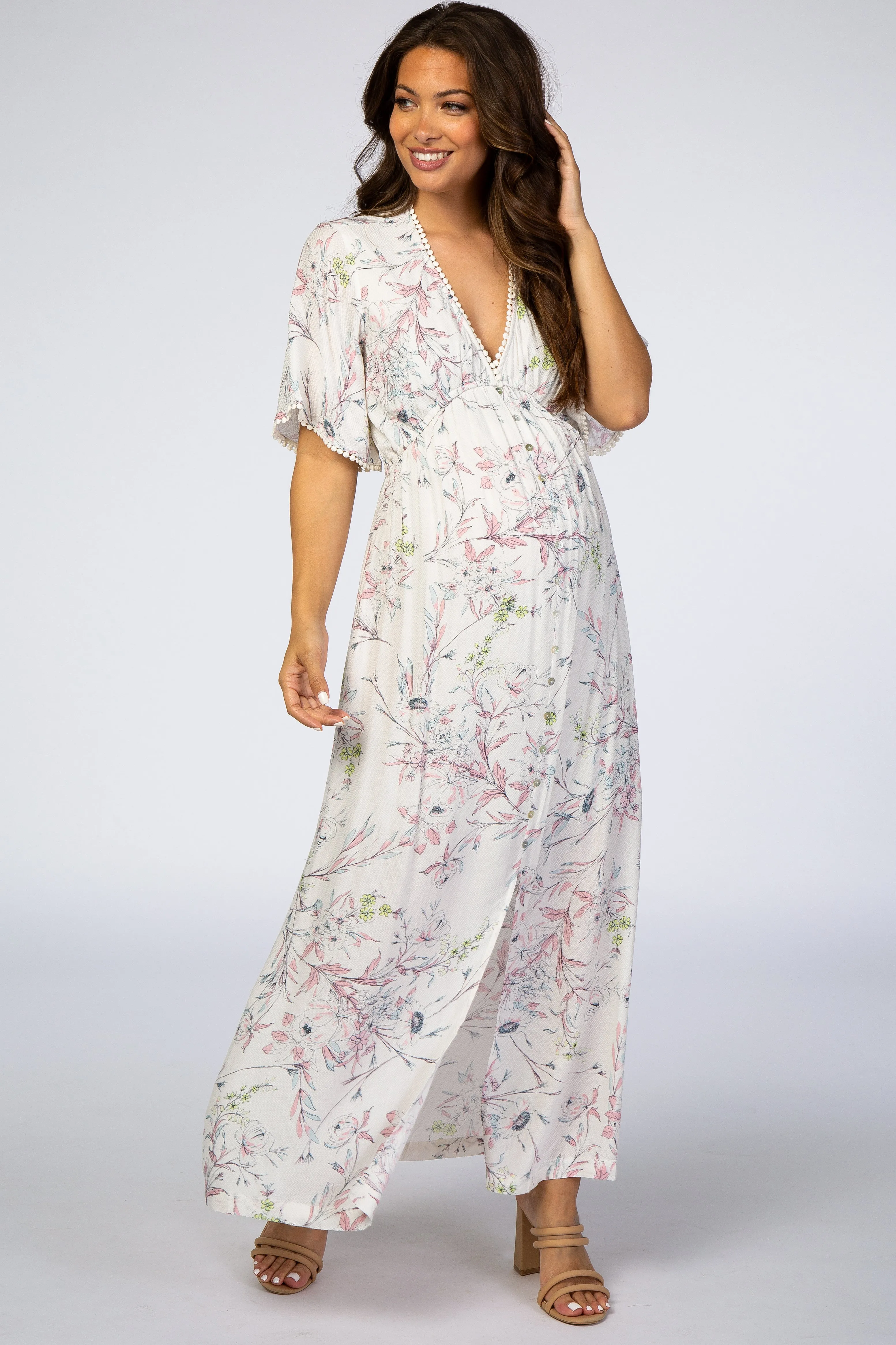 Ivory Floral Button Front Maternity Maxi Dress sold by Pinkblush