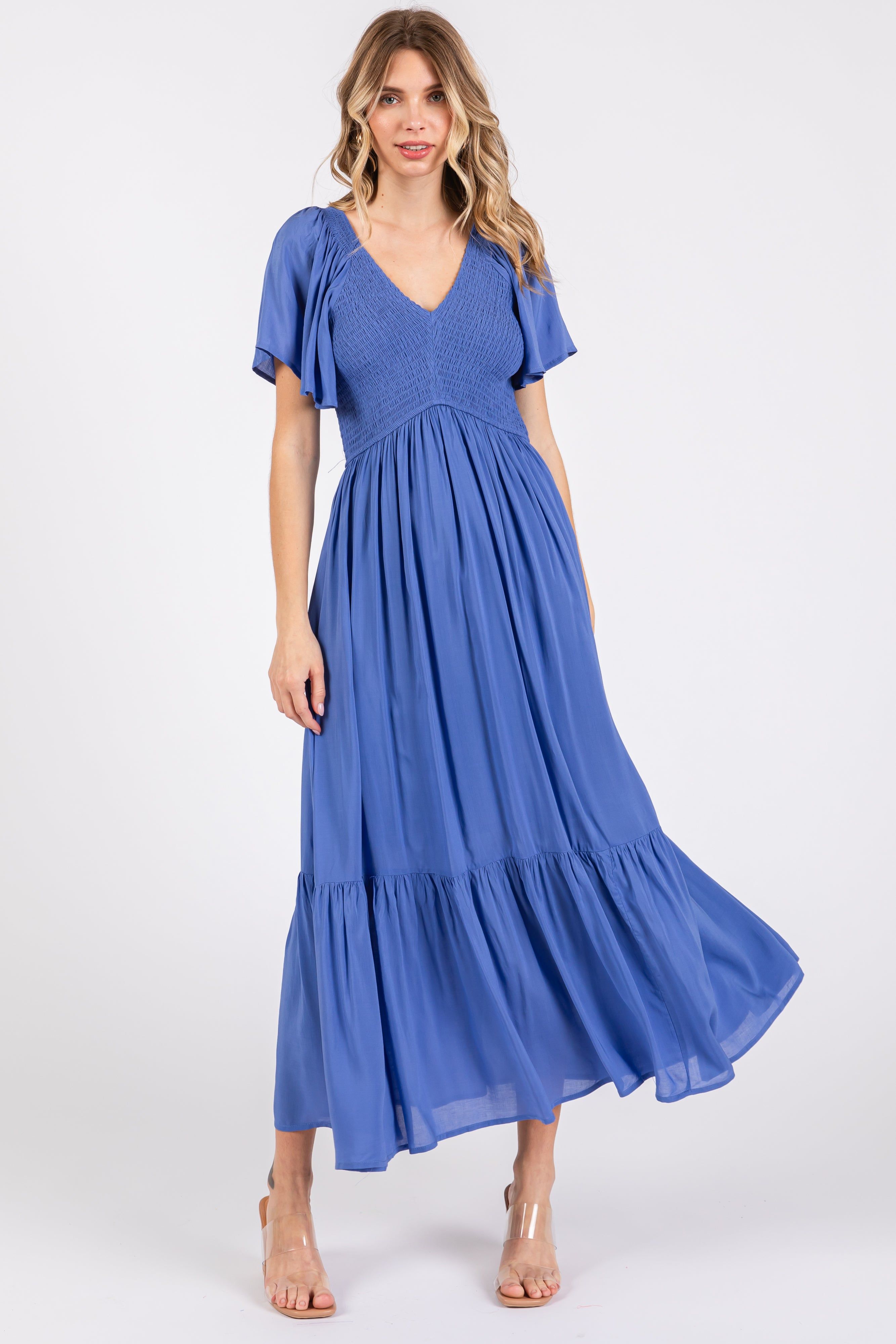 Blue Smocked Flutter Sleeve Midi Dress sold by Pinkblush product image thumbnail 4