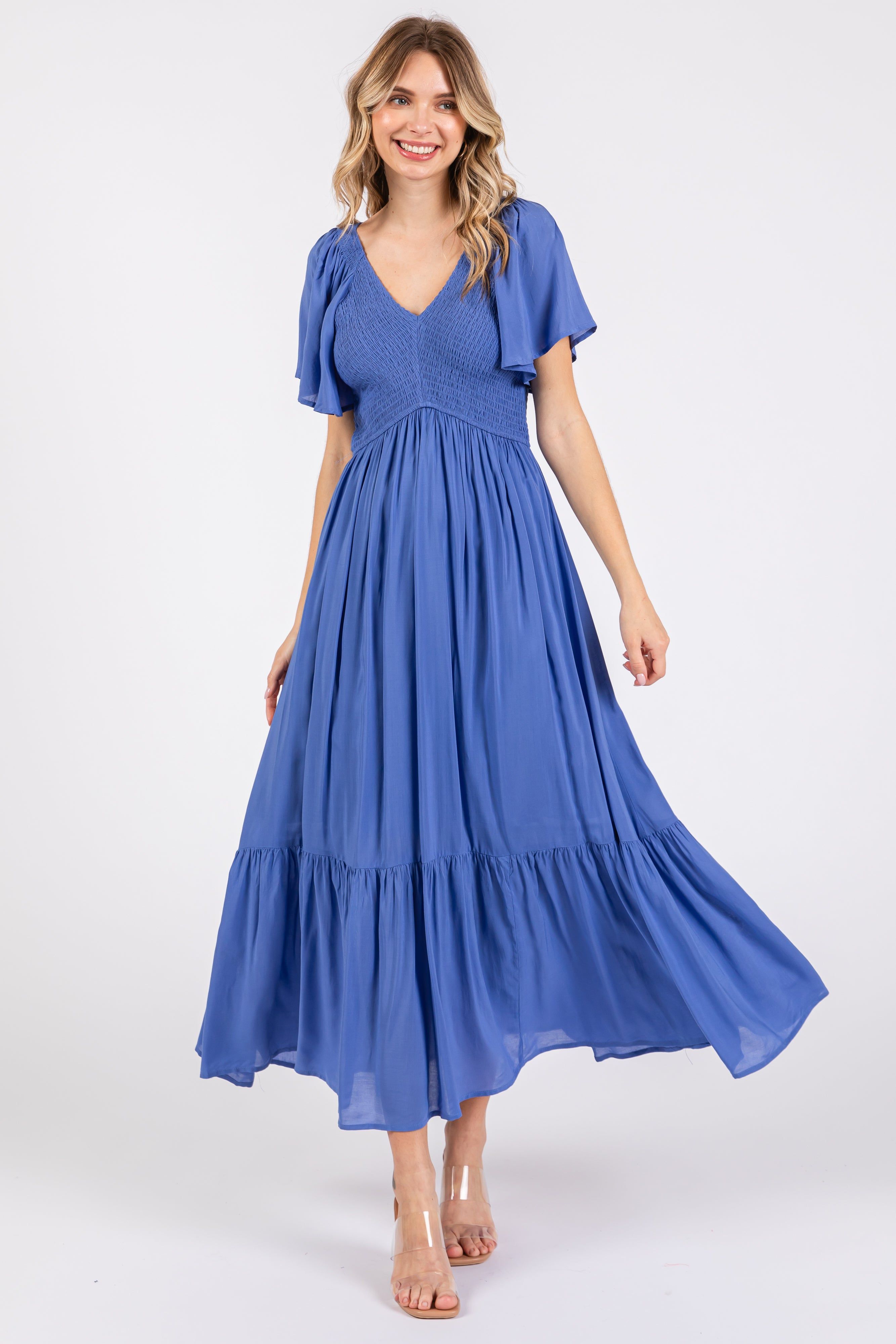 Blue Smocked Flutter Sleeve Midi Dress sold by Pinkblush